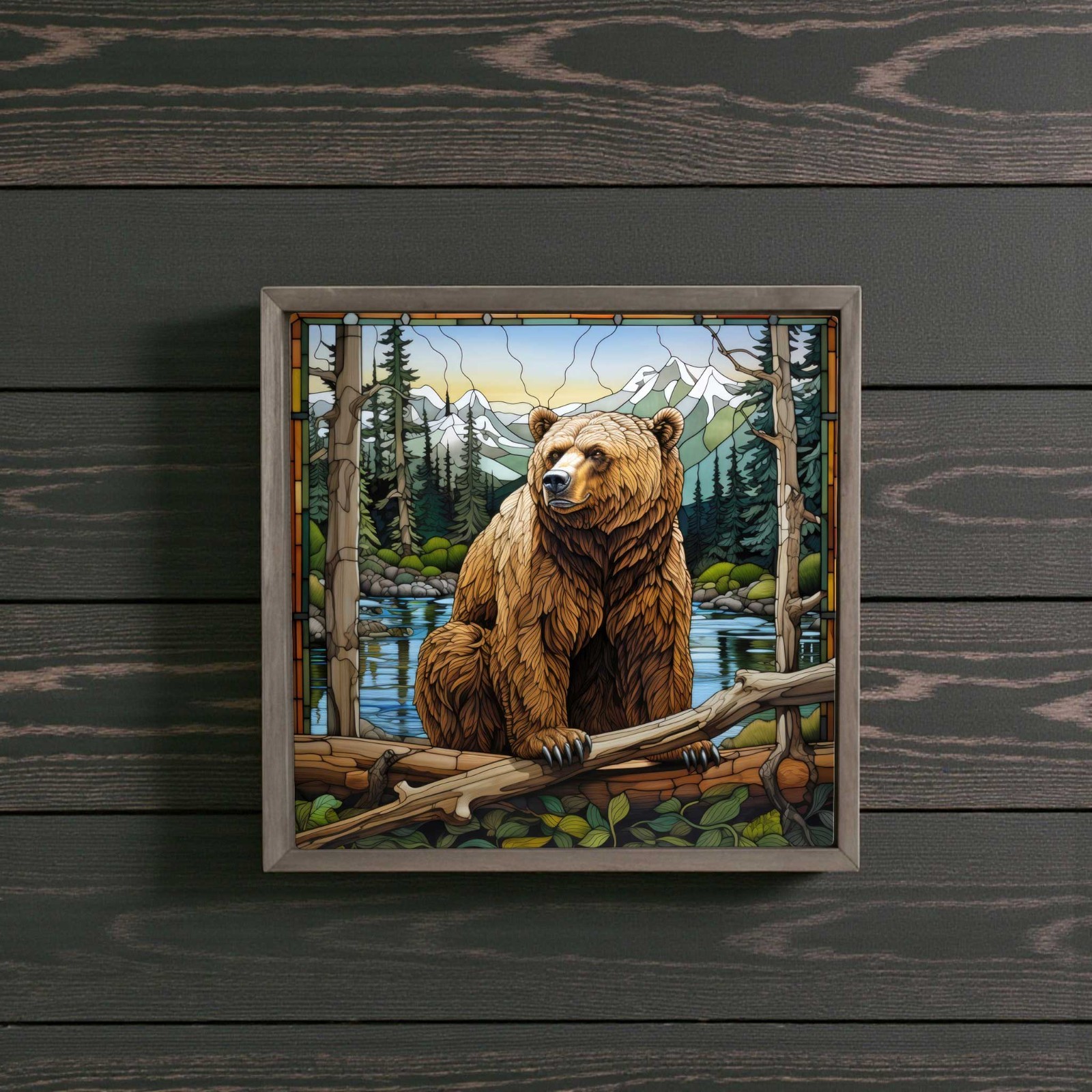 Wood Framed Sign, Brown Bear, 7.8 Inch Square Rustic Wall or Shelf Decor