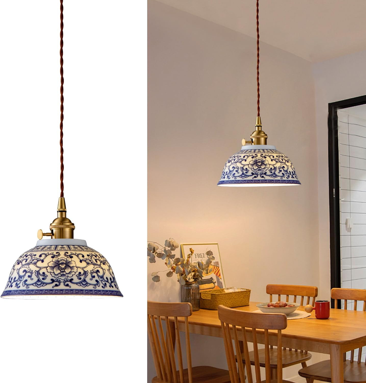 Blue and White Ceramic Pendant Light Fixture for Kitchen and Bedroom