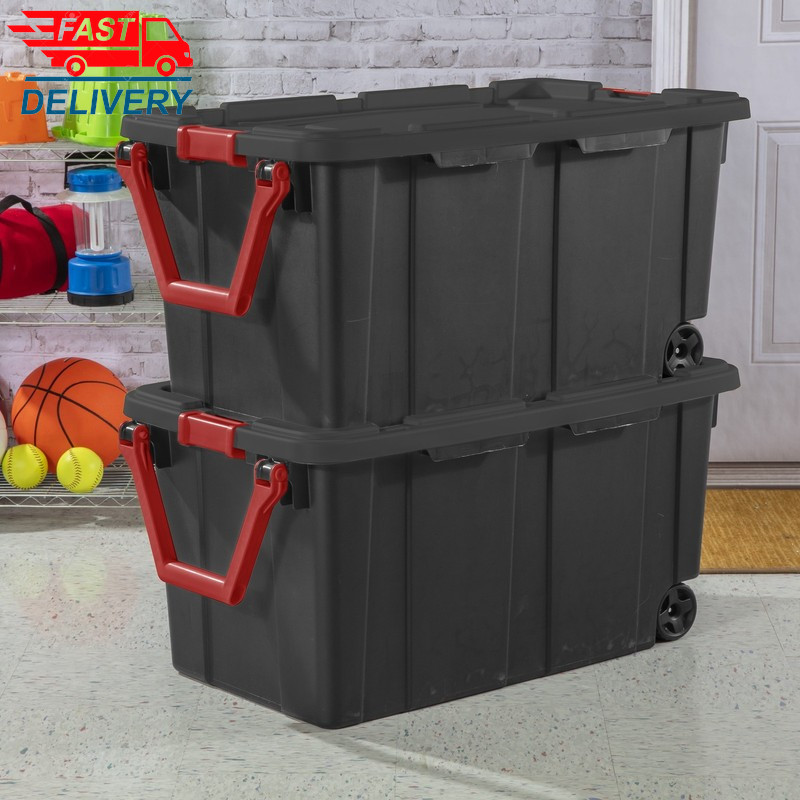 Extra Large Storage Bin, 40 Gallon Wheeled Plastic Storage, Black, Pack of 2