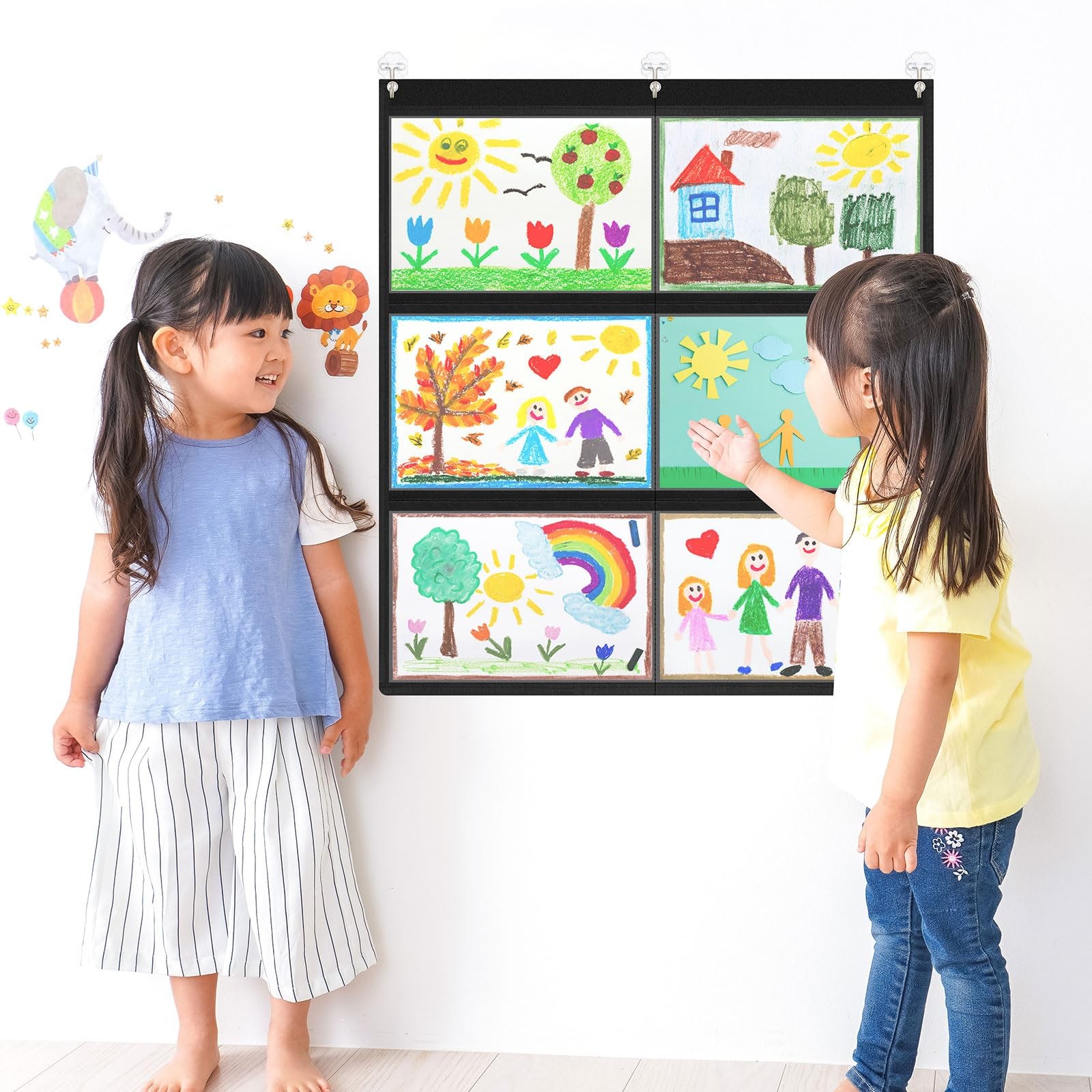 2 PCS 6 Pockets Black Classroom Chart Large Pockets 28.3×24.4 Inch A4 Cards