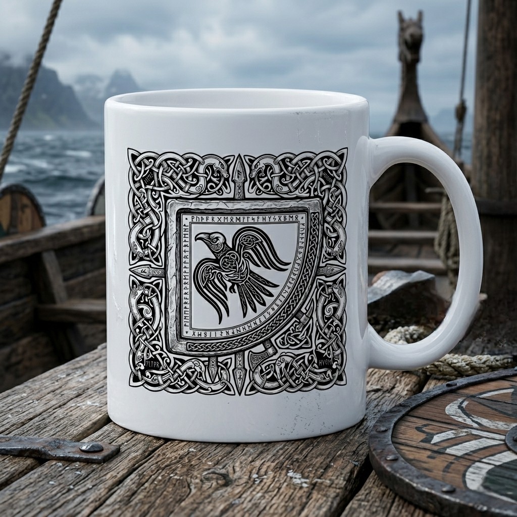 Viking Raven Coffee Mug 11oz Norse Mythology Celtic Knot Rune Pagan Gift Cup