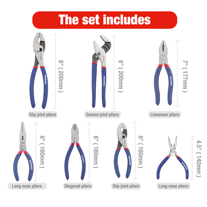 WORKPRO 7PCS 4.5″-8″ Pliers Set Groove Joint Long Nose Slip Joint Diagonal Plier