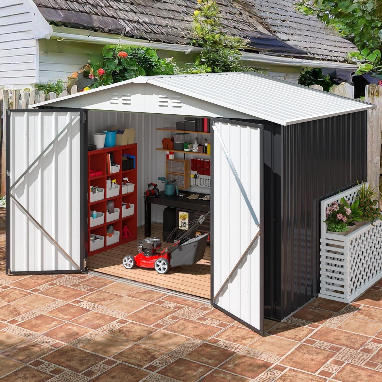 6×8 FT Metal Outdoor Storage Shed with Updated Frame Structure, White