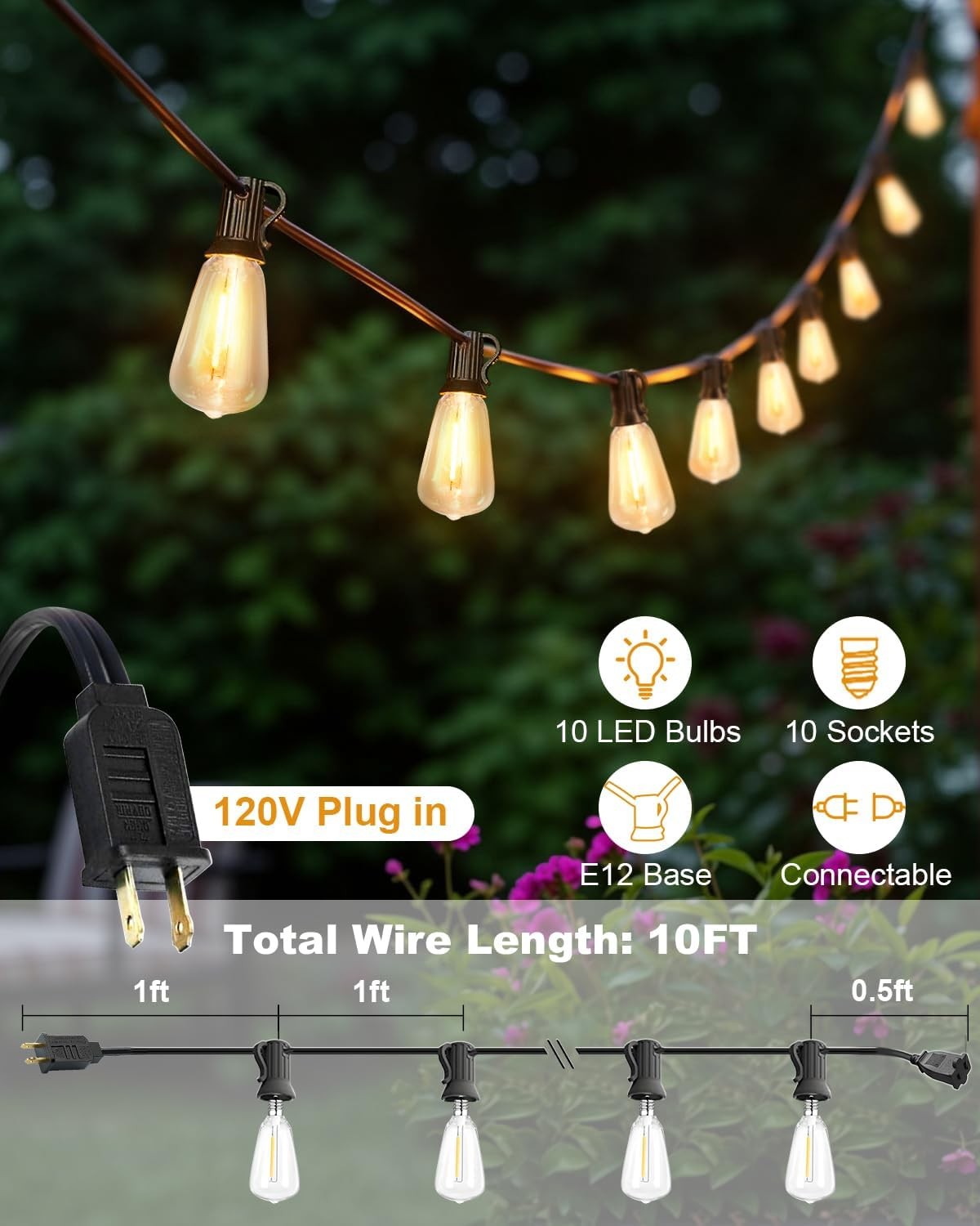 10FT Waterproof Patio String Lights Outdoor ST38 Indoor Connectable Fairy Lights