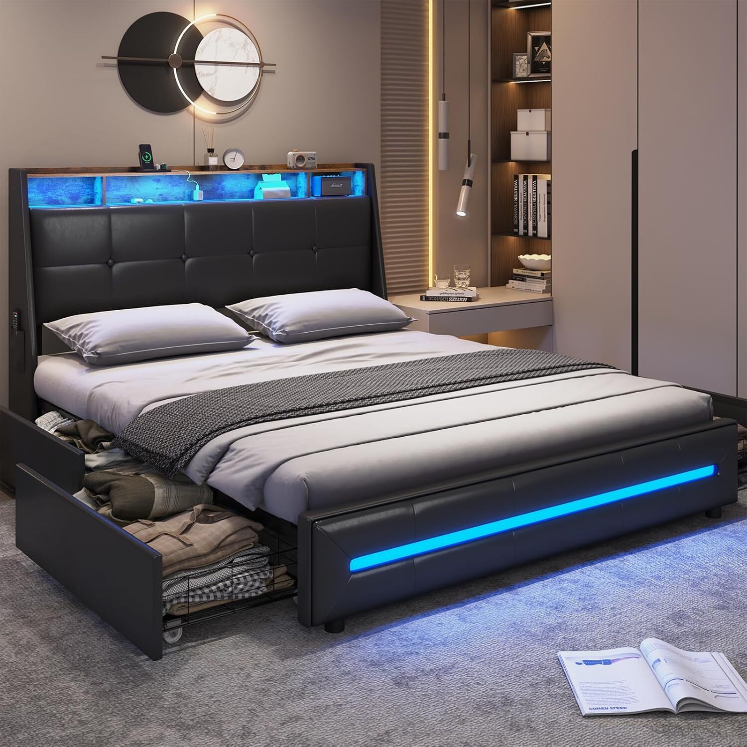 Queen Bed Frame with 4 Storage Drawers, Charging Station and LED Lights,PU Black