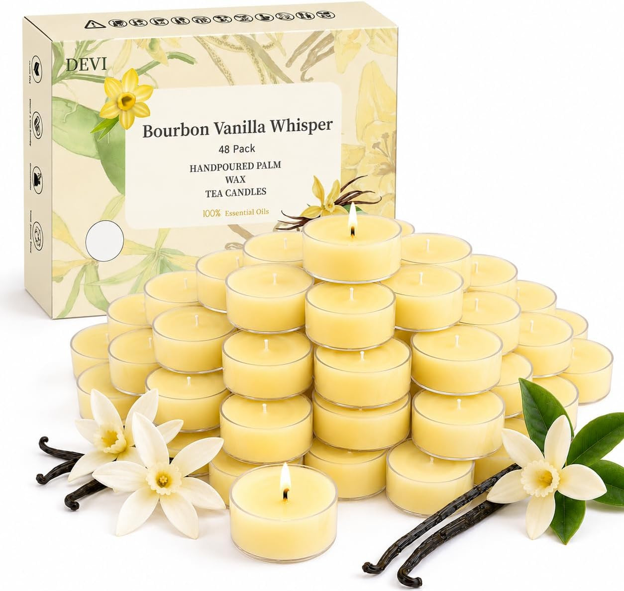 Vanilla Bean Highly Scented Tea Lights Candles 48 Pack, 5-6 Hours Natural Palm T