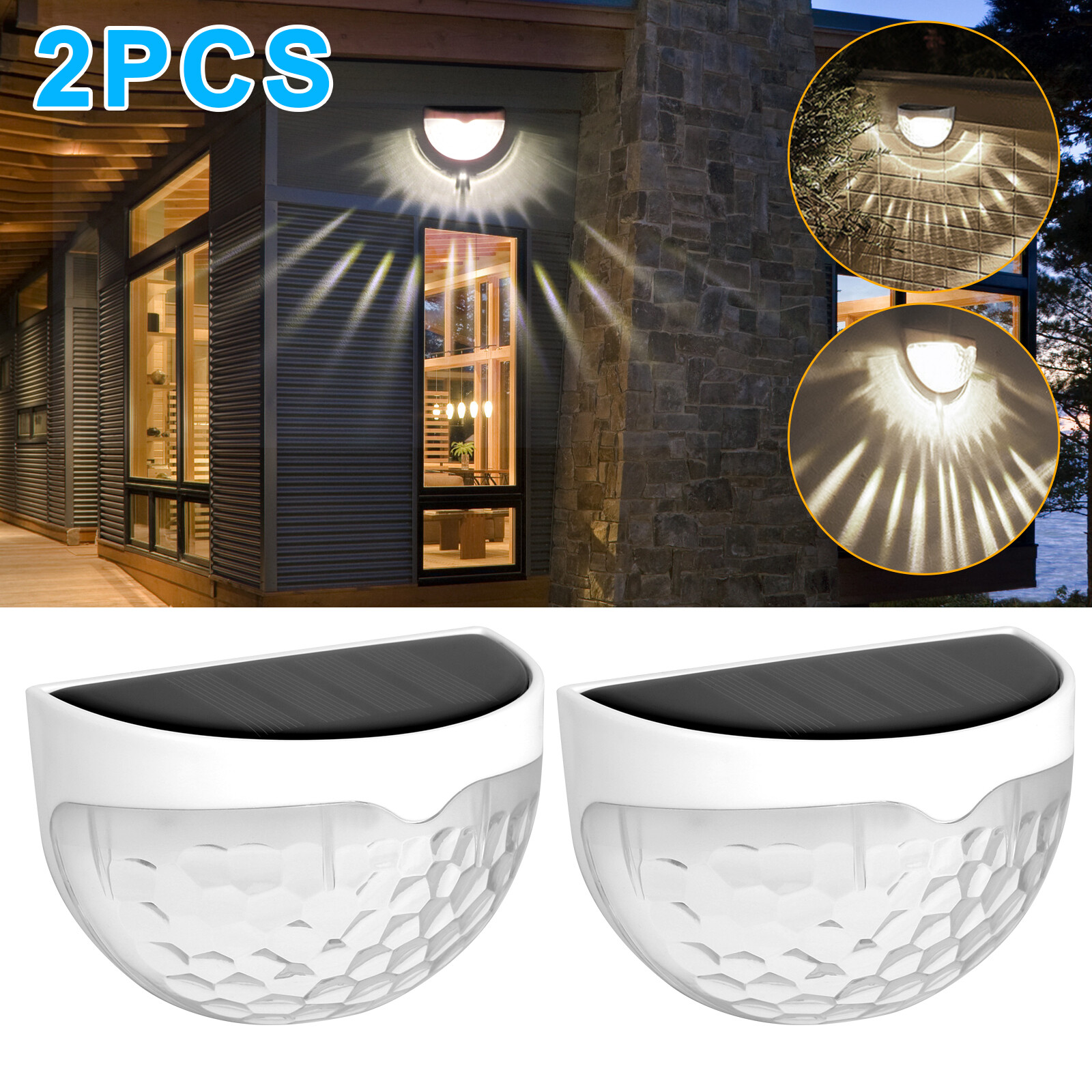 2Pcs Solar Fence LED Lights IP55 Waterproof Outdoor Garden Yard Wall Mount Lamp