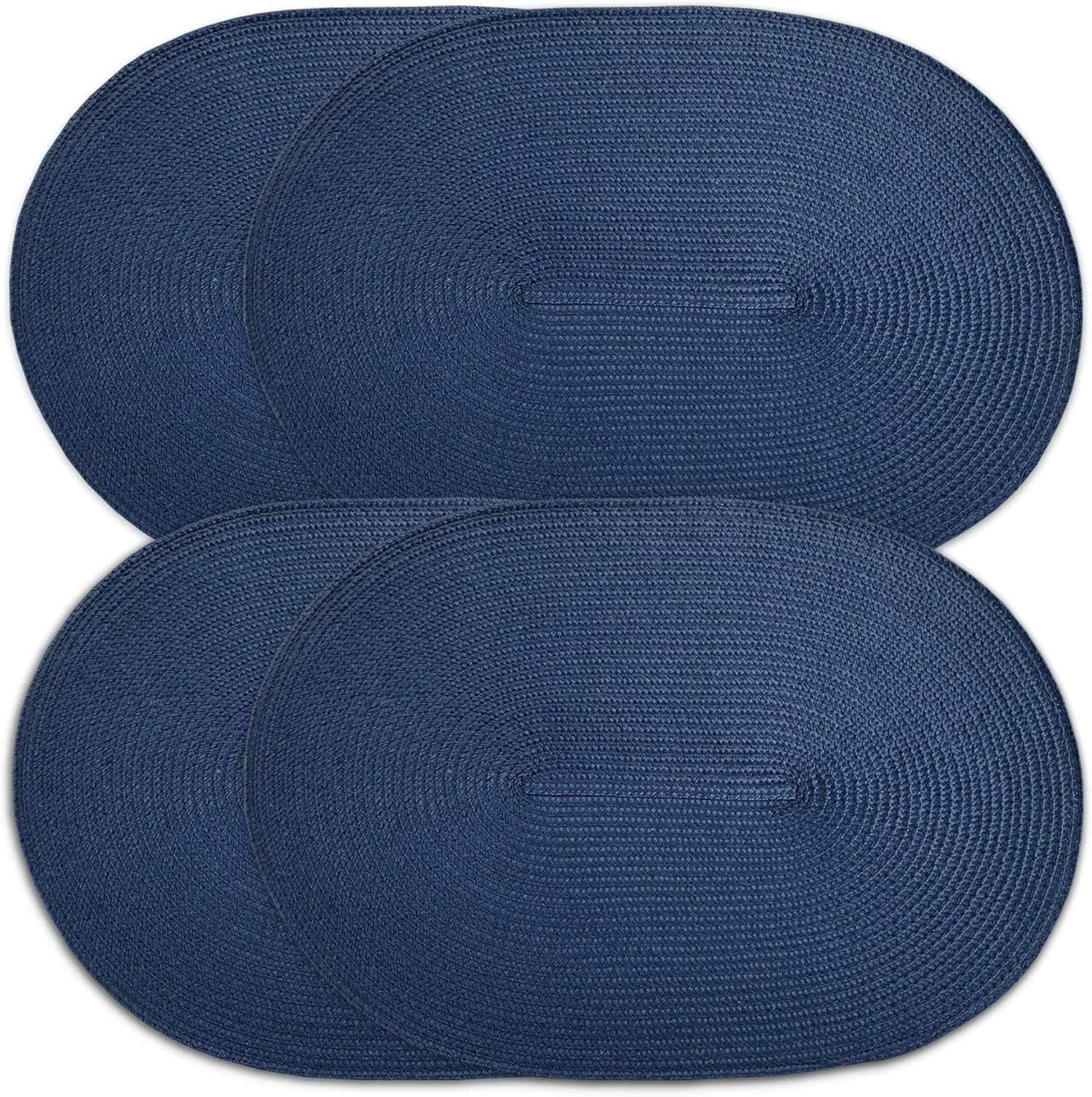 Oval Braided Woven Polypropylene Plastic Placemats (Navy), Set of 4
