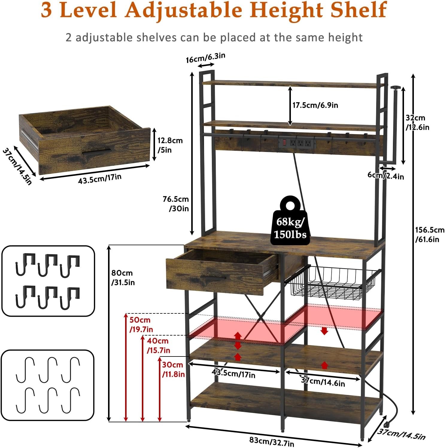 Kitchen Storage Shelf with Power Outlet, 6-Tier Adjustable with Drawer & Baskets