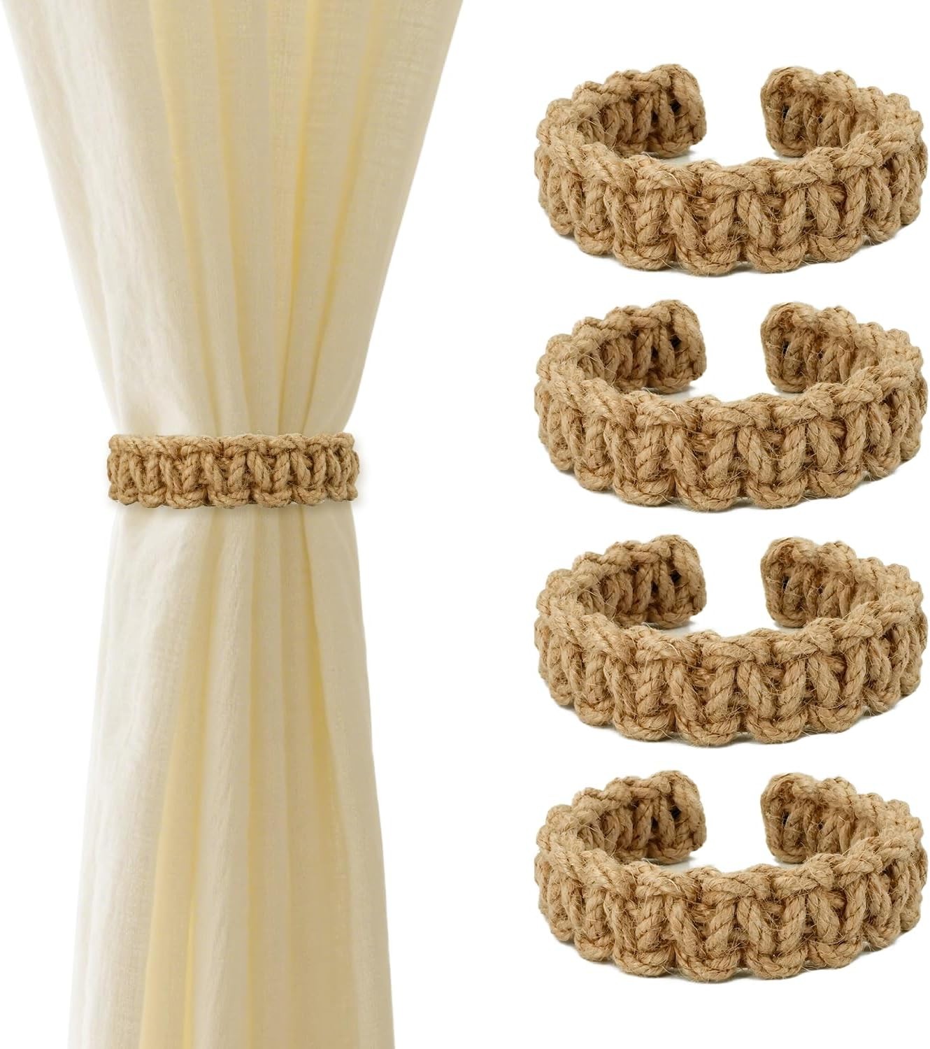 4Pack Braided Curtain Tie Backs, Boho Curtain Holdbacks Tie Back, Rustic