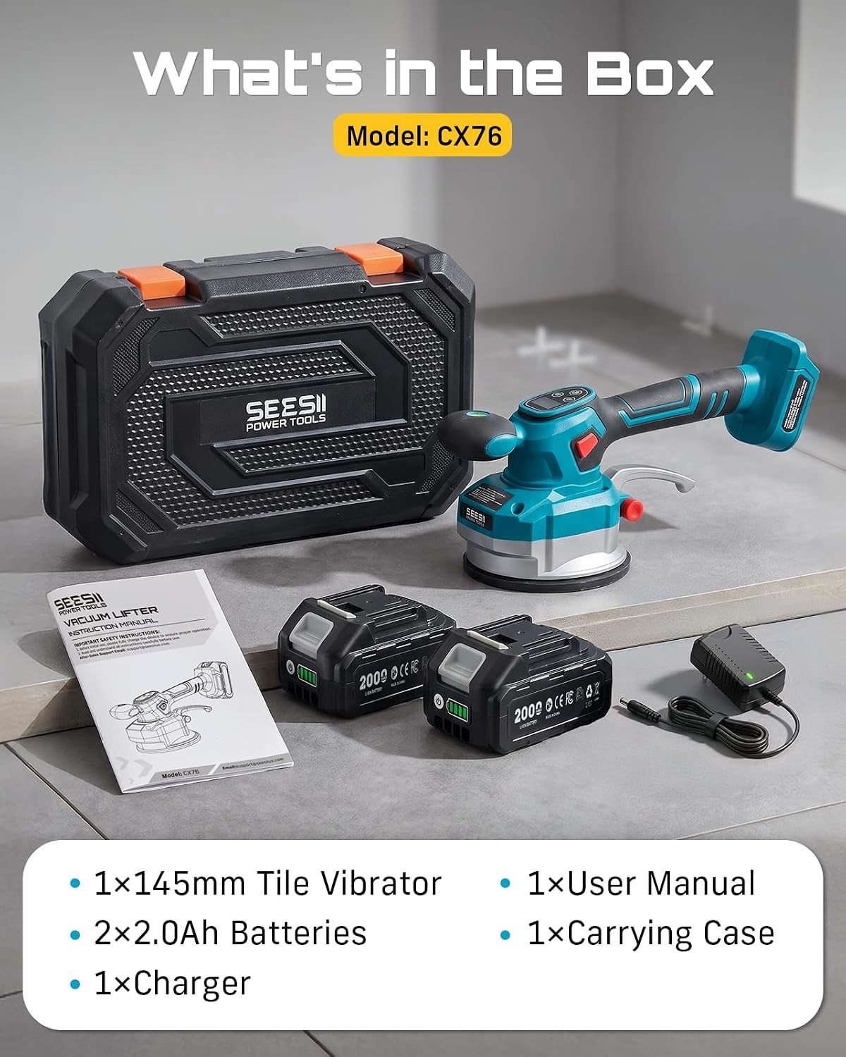 Seesii Tile Vibration Tool with 2xBattery – 350 lb. Strong Tile Suction Cup Tool