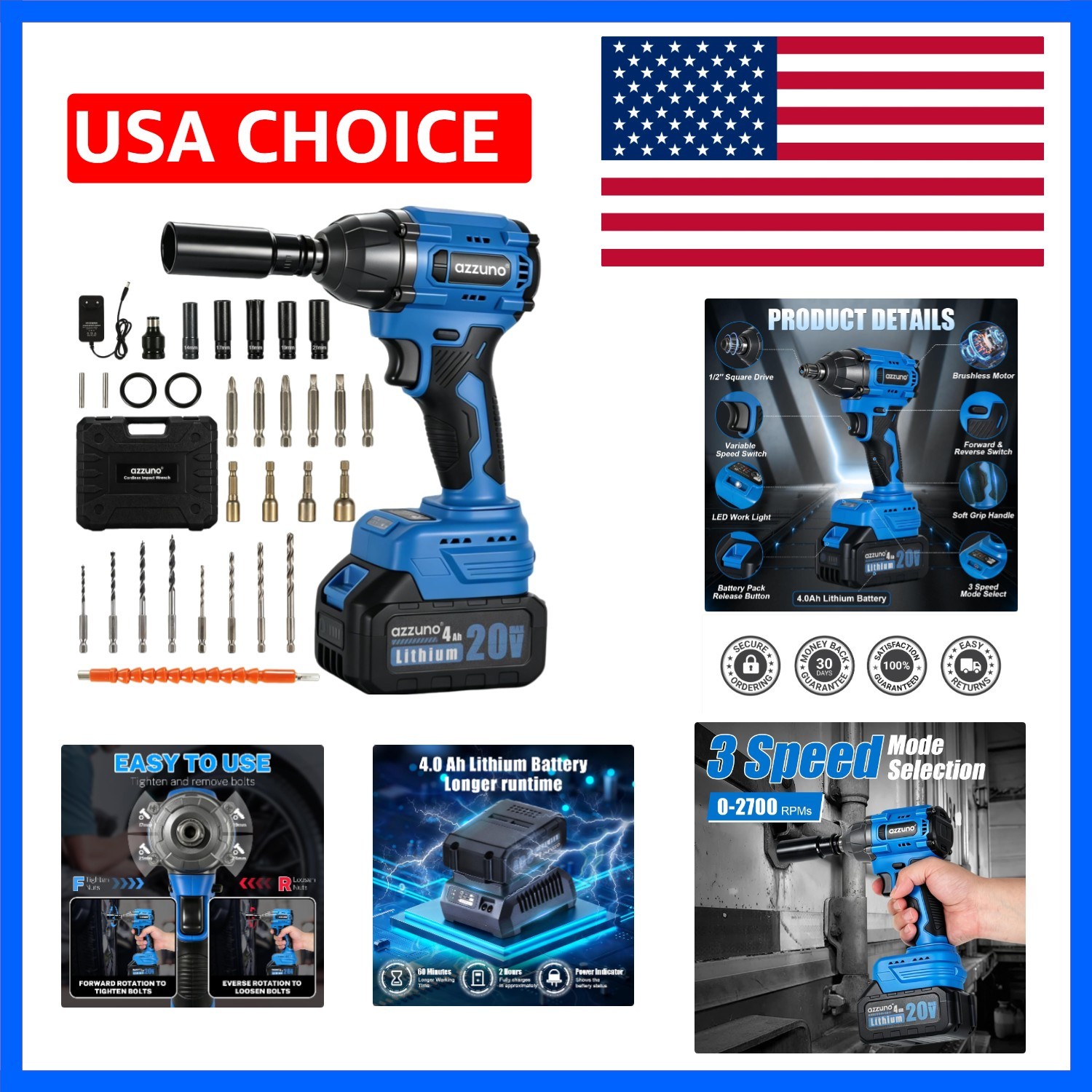 Impact Wrench, 1/2″ Impact Gun,Power Impact Driver Torque 500N.m 369 Ft-lbs,2…