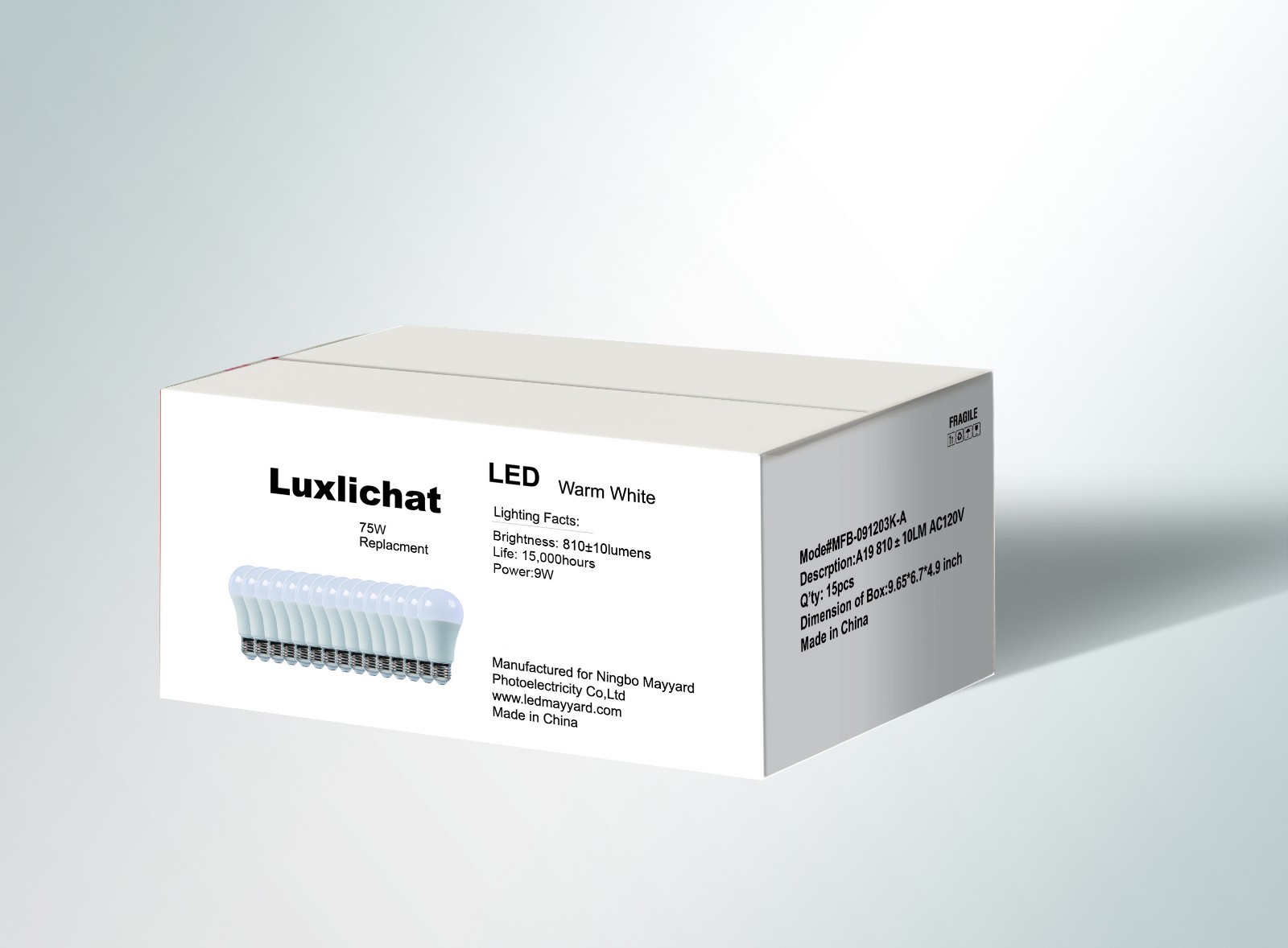 Luxlichat Dimmable 75W Equivalent A19 LED Light Bulb Warm White (3000K)-15 PACK