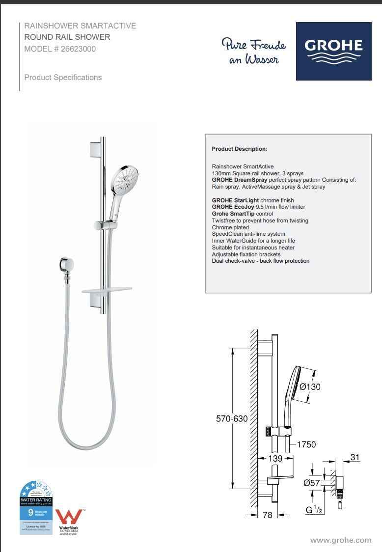 GROHE Rainshower SmartActive 130 Single 600mm Rail Shower Set with elbow