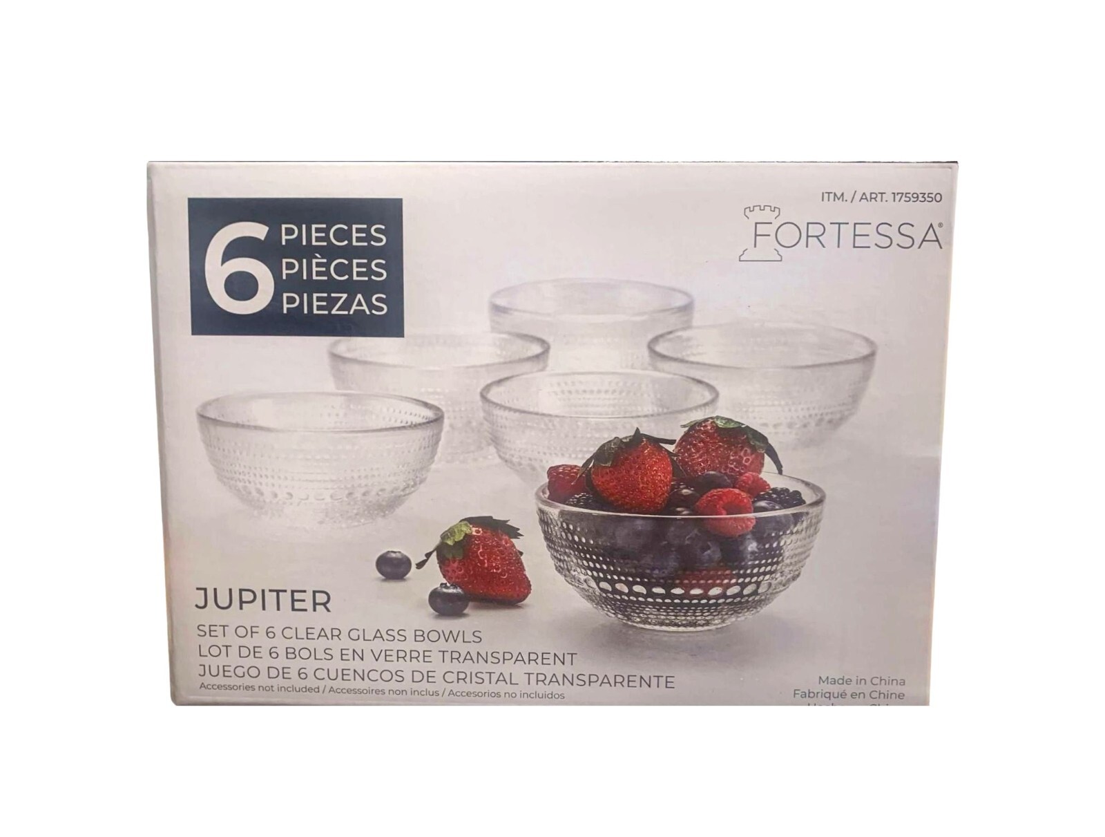 Fortessa Jupiter Clear Glass Bowl Set 6Pc Beaded Design Dishwasher Safe 13.5 oz