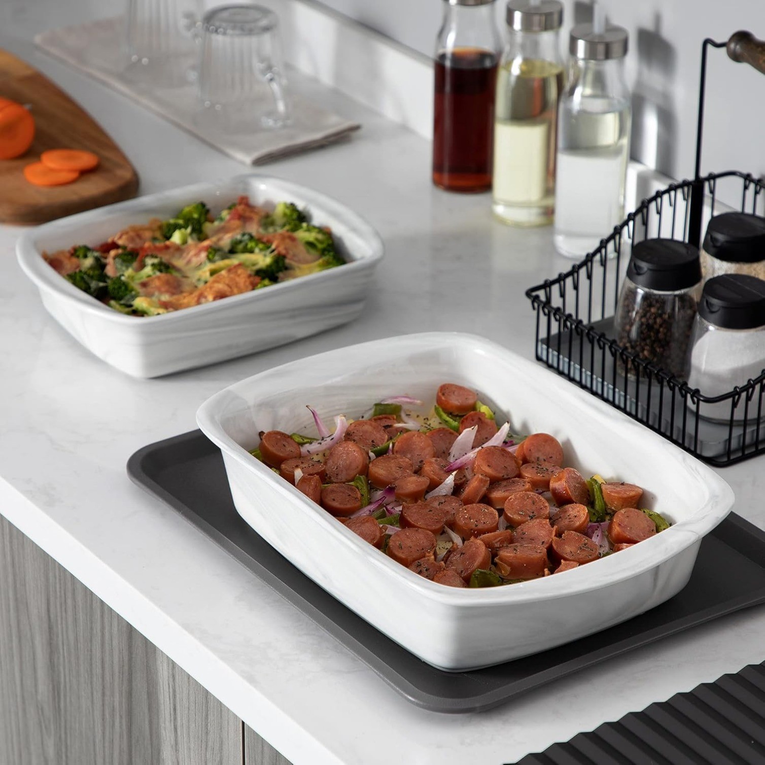 2 Pcs Rectangular Baking Dish 11” 8”), Marble Grey Porcelain Bakeware Set