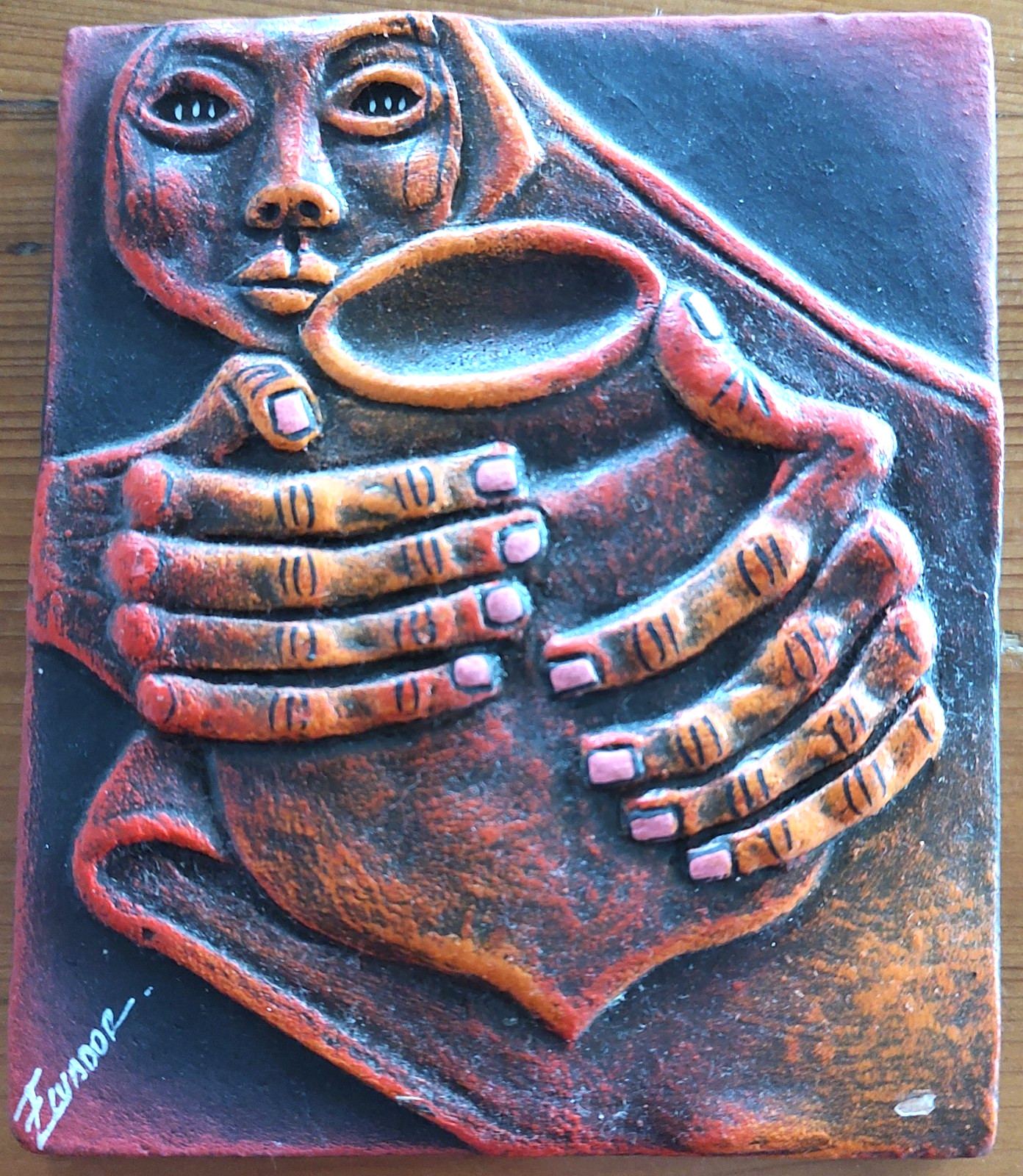 Vintage Eduardo Kingman Style Relief Wall Plaque Ecuador 4x 4.5 Signed