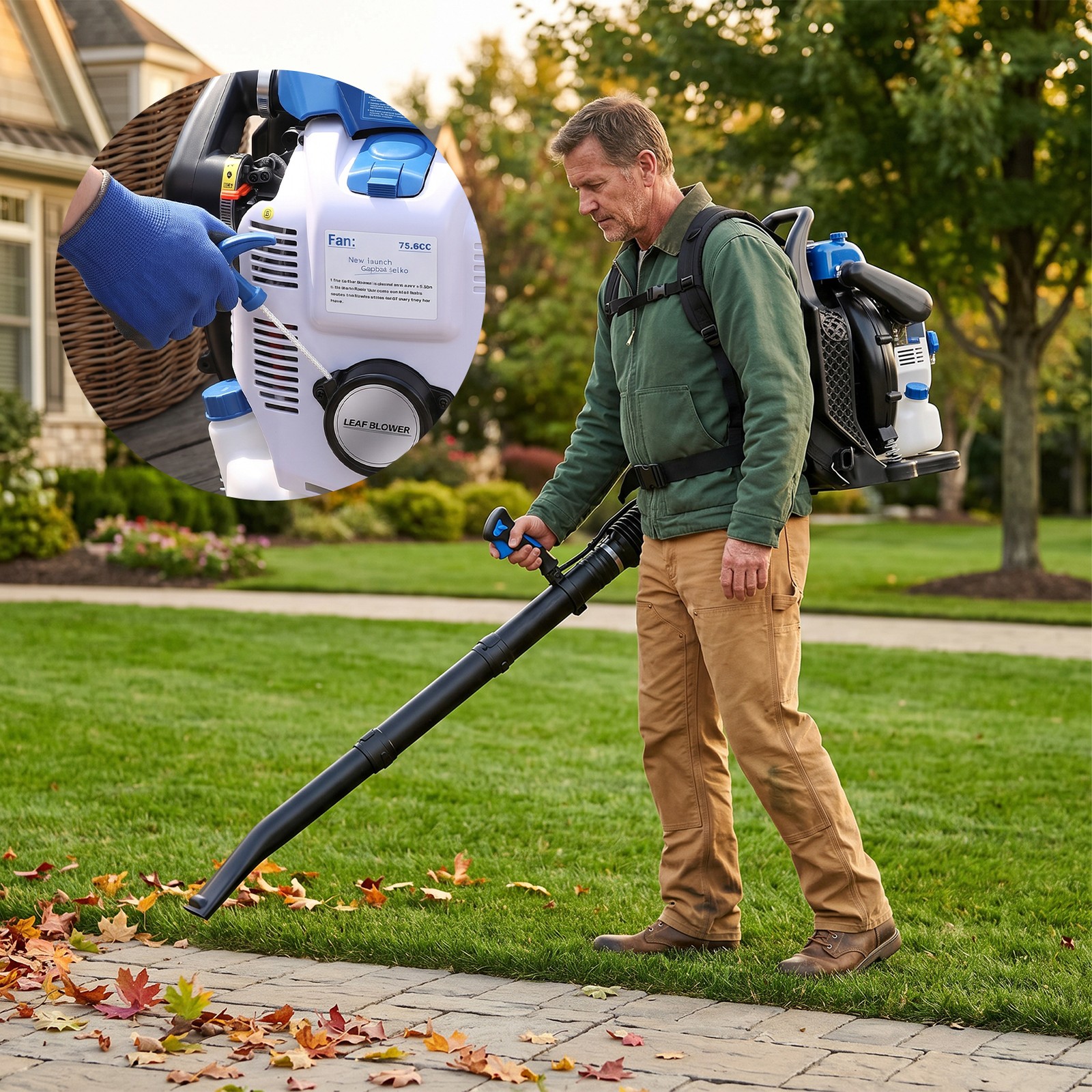 Leaf Blower 75.6CC 4-Stroke Backpack Gas Powered Leaf Blower 275MPH Wind Speed