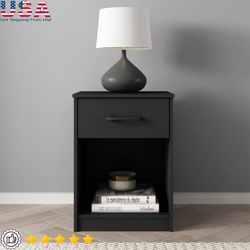 Ardent Nightstand W/ 1 Drawer Easy Assembly Sleek Black Finish Modern Design New