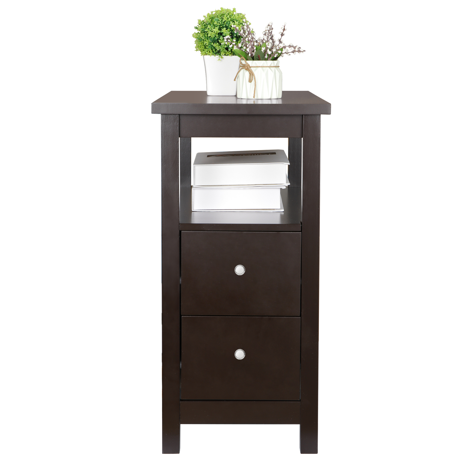 Brown End Table with 2 Drawer and Shelf Narrow for Living Room