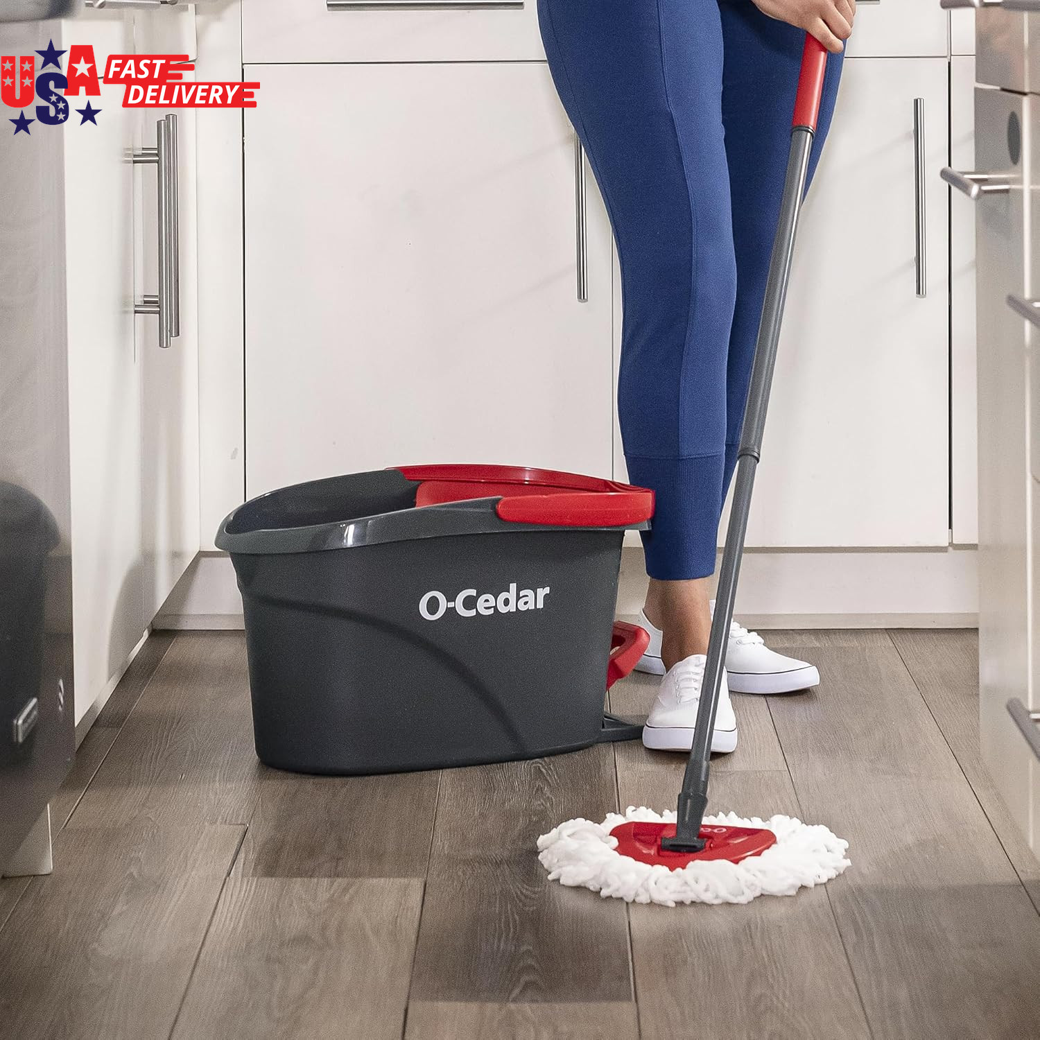 O-Cedar Easywring Microfiber Spin Mop, Bucket Floor Cleaning System, Red, Gray,