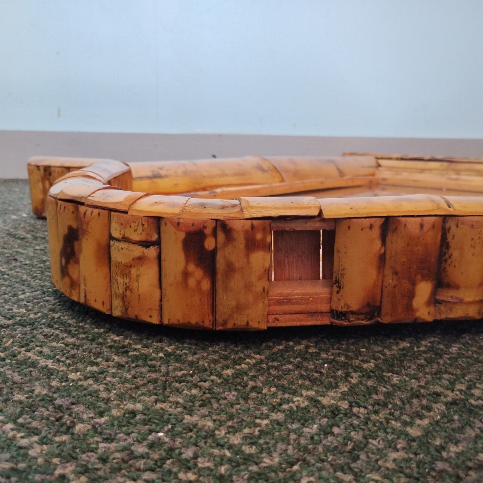 Burnt Split Bamboo Wall Mirror Pediment Top Boho 32×25 Tiki 60s Unique Large