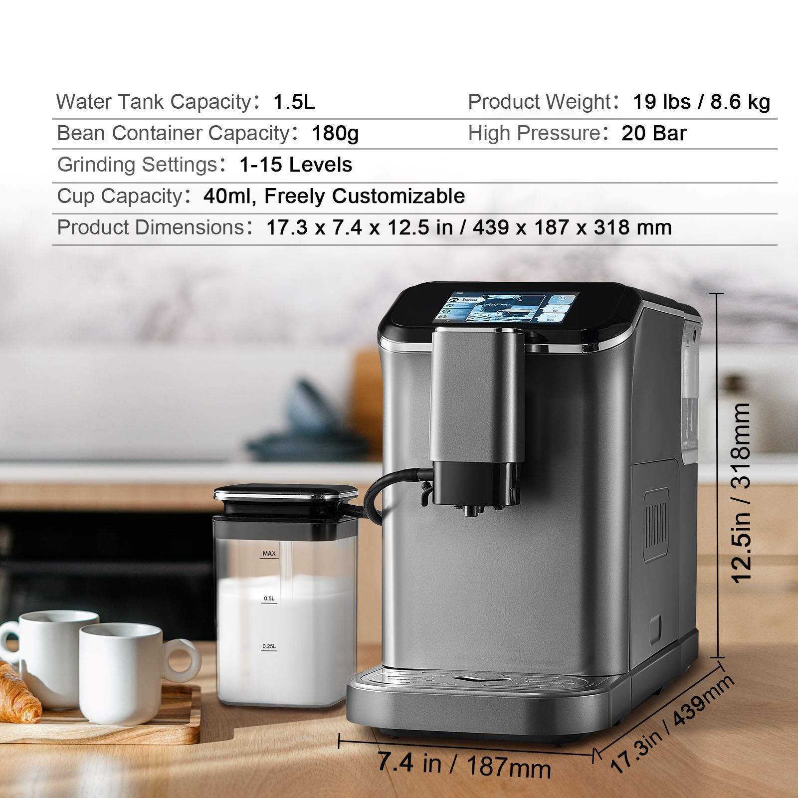 Uimoso Fully Automatic Espresso Machine Coffee Maker Auto Milk Frother & Grinder