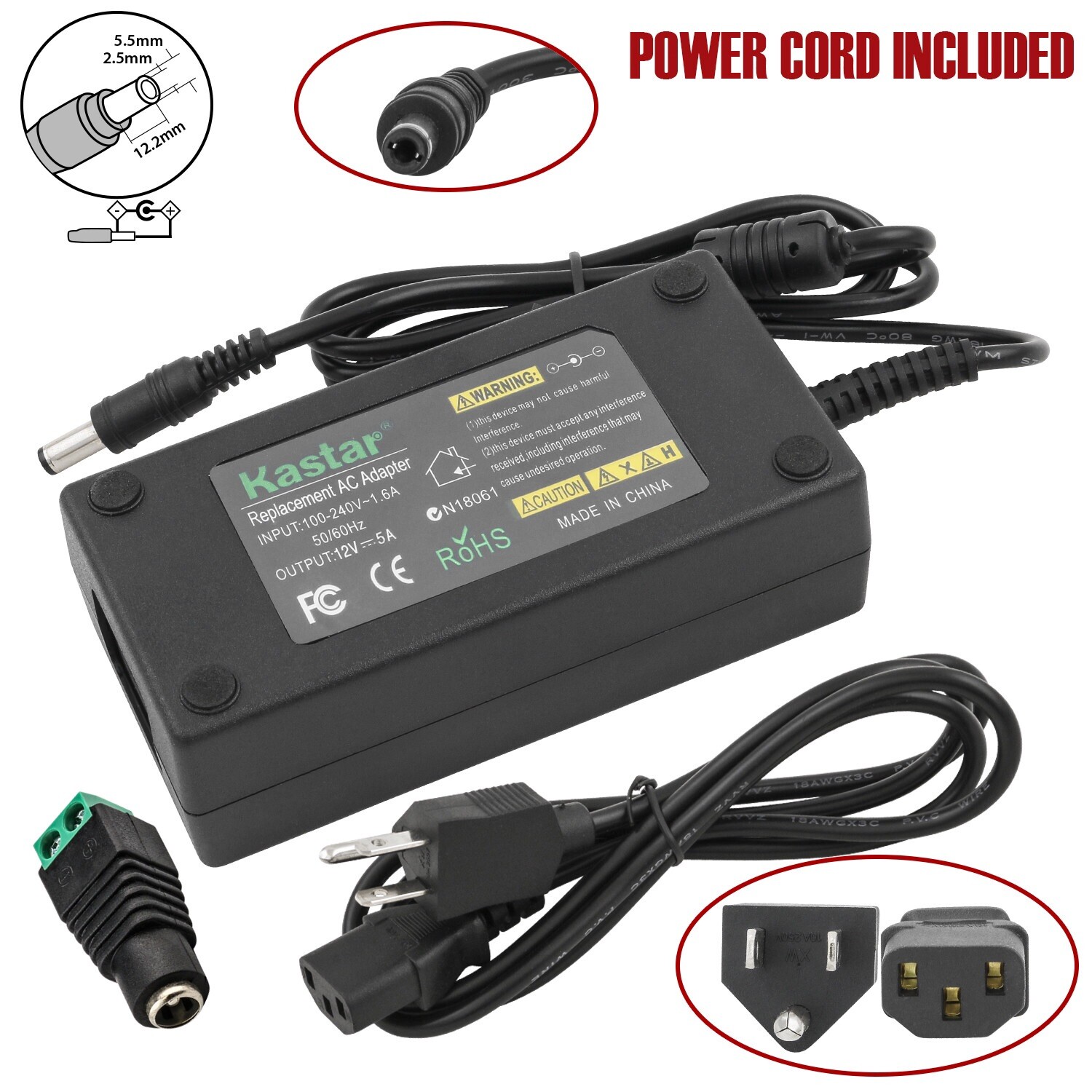 Kastar 12V 5A 60W DC POWER Supply ADAPTER Transformer LED Strip Light, CCTV, PC