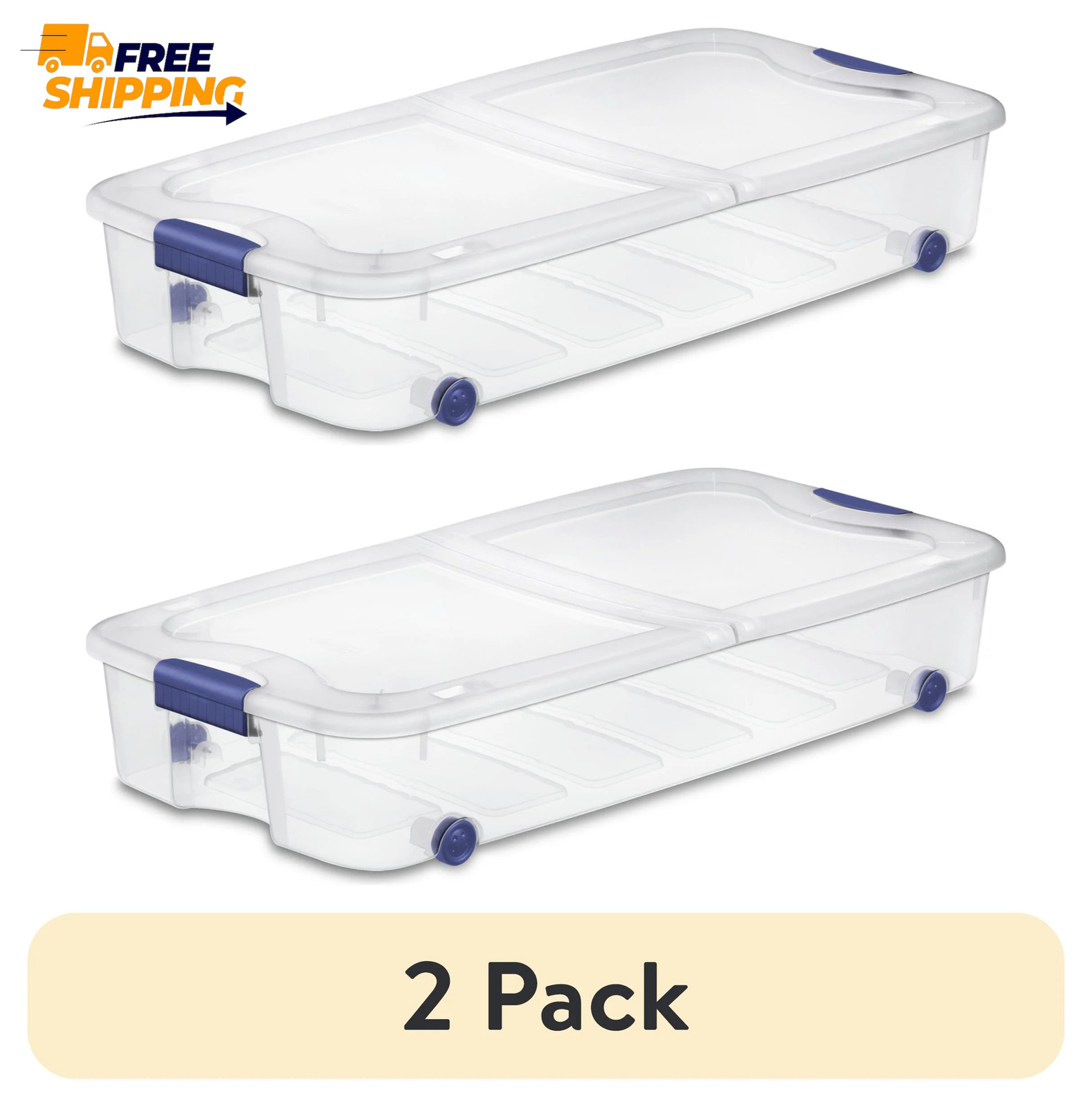 (2 Pack) 66 Quart Latching Underbed Wheeled Storage Bin, Clear Plastic 🎗🎯