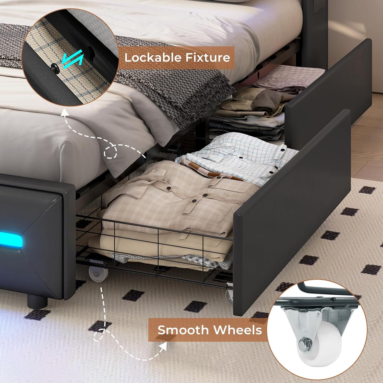 Queen Bed Frame with 4 Storage Drawers, Charging Station and LED Lights,PU Black