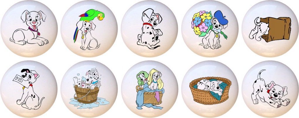 Set of 10 101 Dalmatians Dogs CERAMIC Drawer Pulls Dresser Drawer Cabinet Knobs