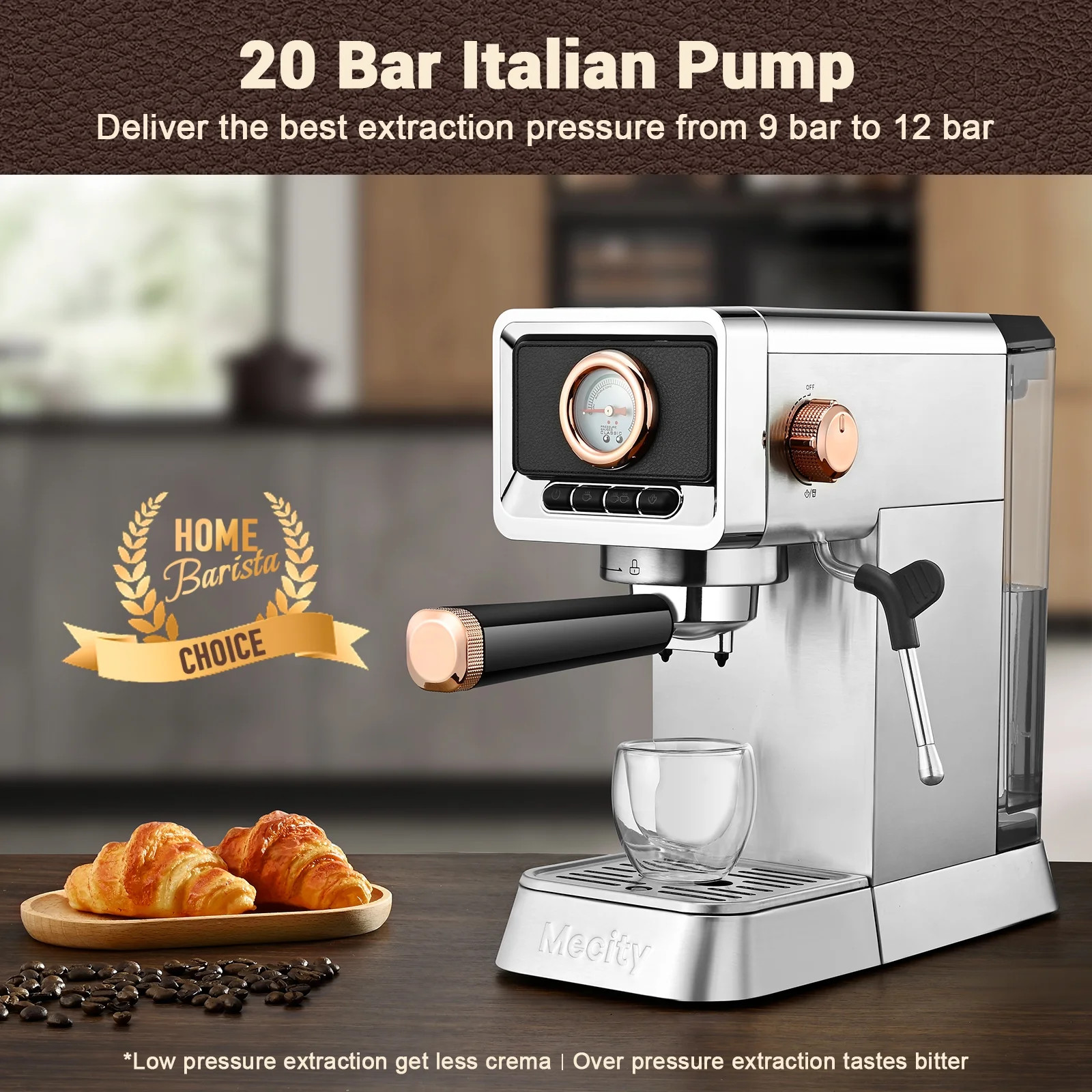 Mecity CM5203AY-UL 20 Bar Espresso Machine with Milk Frother Brushed Stainless