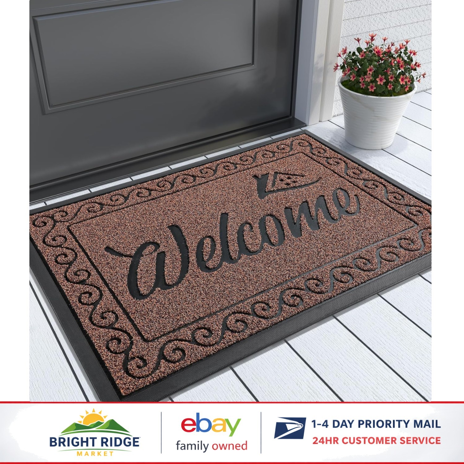 Maroon Welcome Doormat Low Pile with Fade Resistant and Non Slip Rubber Backing