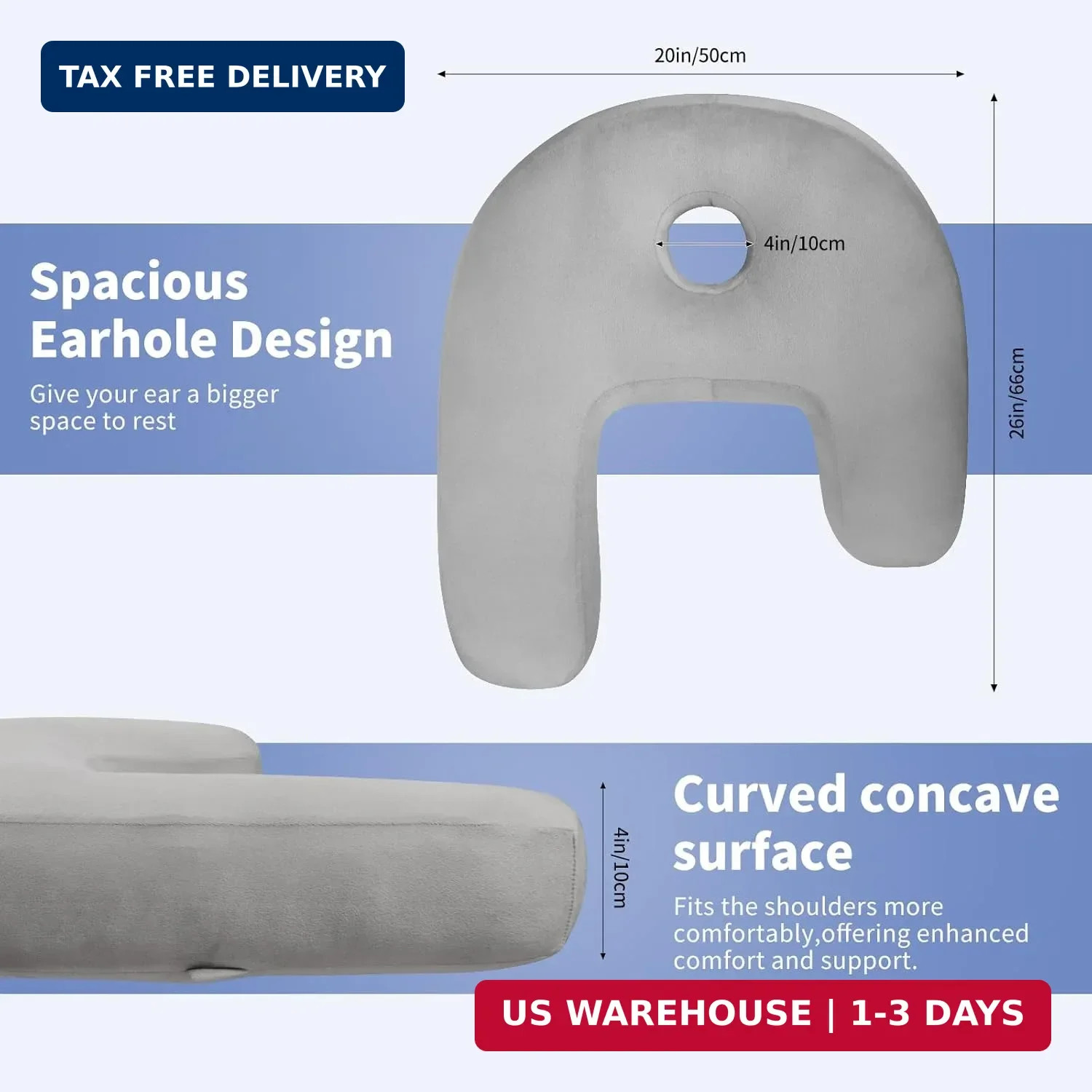 J-Shaped Ear Piercing Pillow, 4″ Hole, Ergonomic, Gray Velvet | 20×26 in, for si