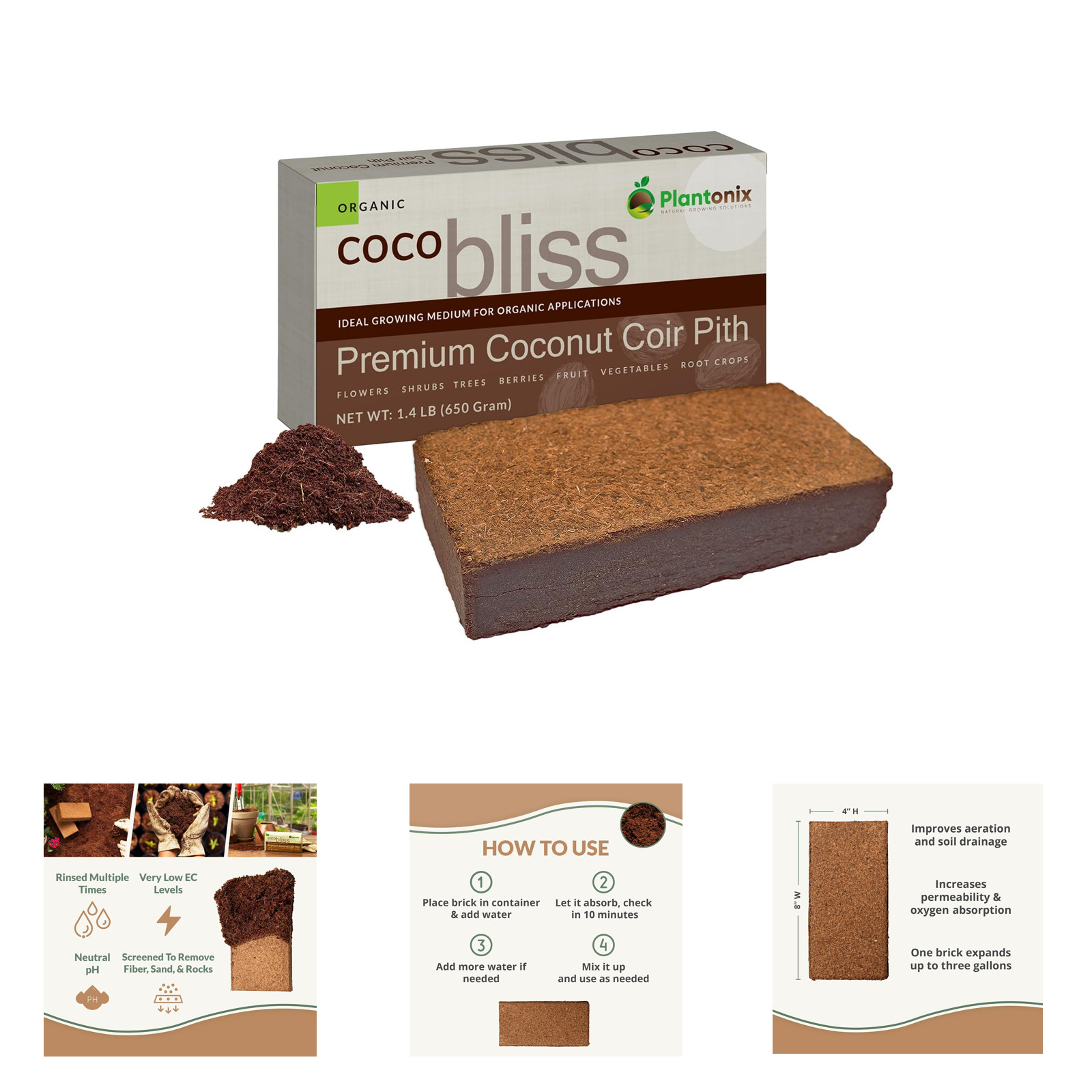 Coco Coir Brick 650g Organic for Plants Gardening OMRI-Listed Coconut Fiber Soil