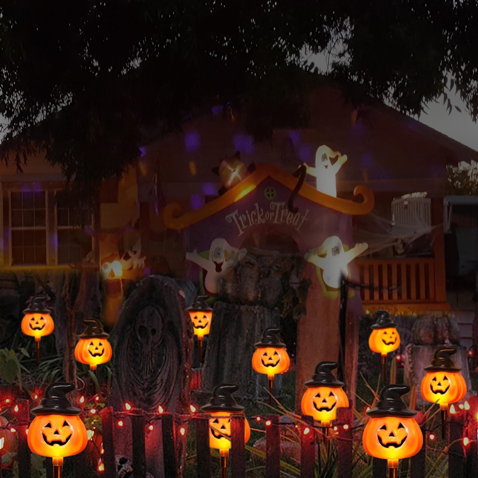 6 Pack Solar Jack O Lantern Stake String Lights – Orange Halloween Pathway De…