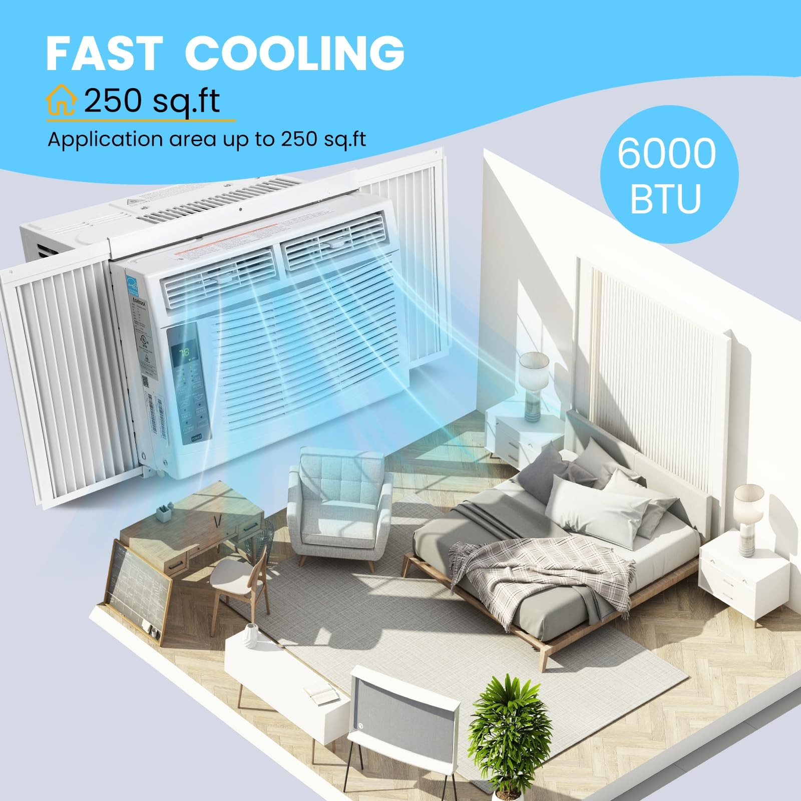 6000 BTU Window Air Conditioner Cool up to 250sp. ft w/Remote,Timer, Install Kit