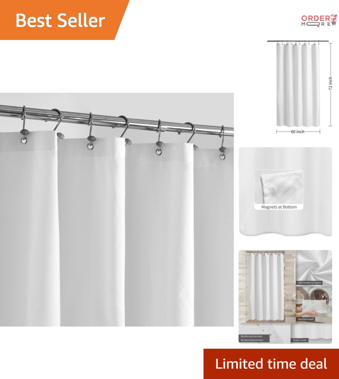 Shower Curtain Liner Waterproof Polyester 60×72 Inches Magnet Weighted Durable