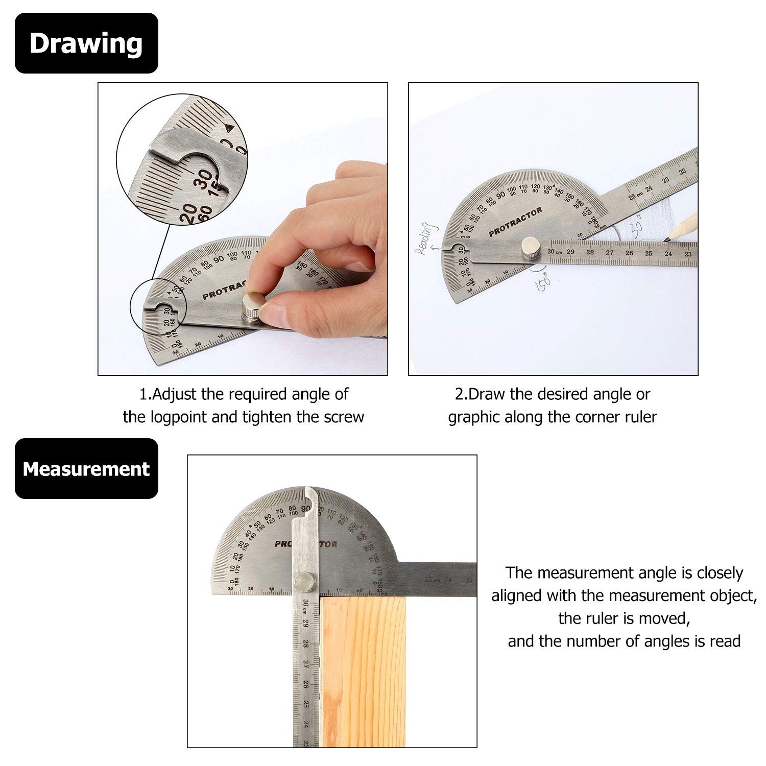 Angle Protractor Finder Ruler Two Arm Stainless 30 cm/ 11.8 Inch, Clear
