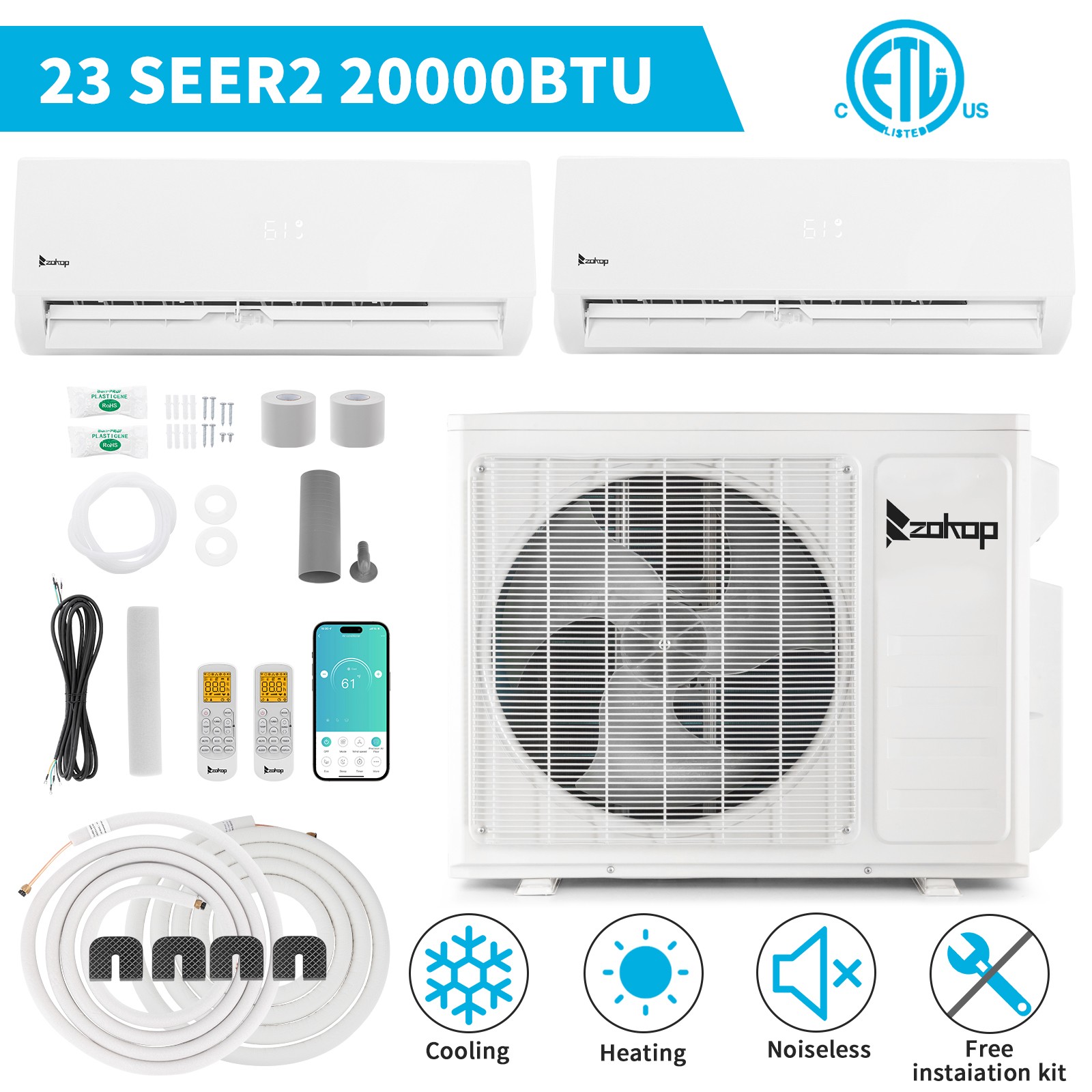 20000 BTU Dual 2 Zone Mini Split Air Conditioner & AC Heat Pump WIFI 9000 +12000