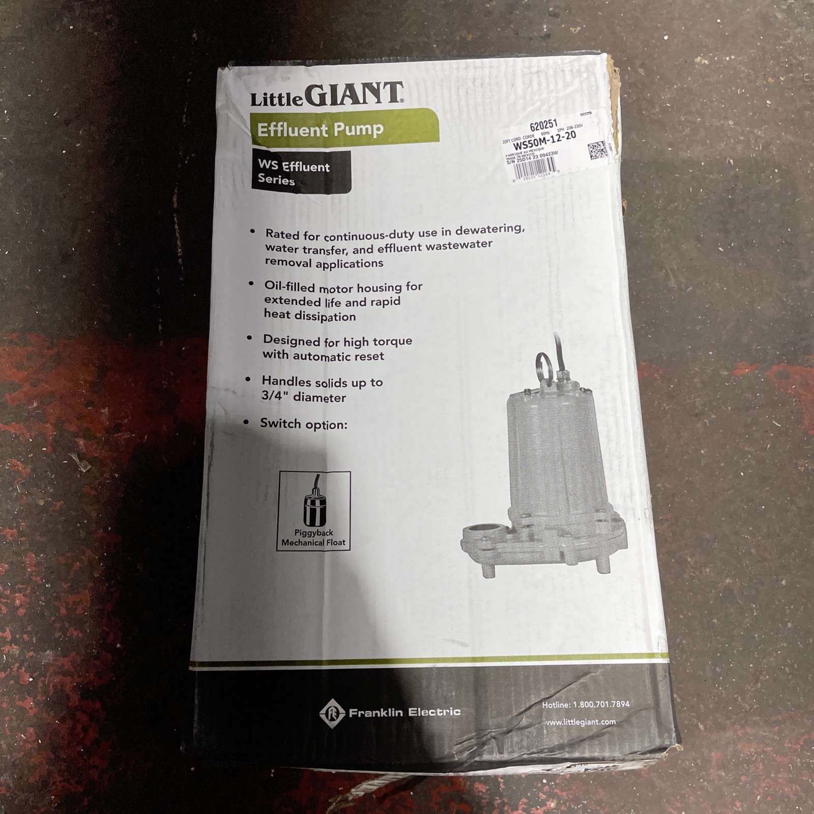 Little Giant Pump 620251 Effluent pump, 20Ft, 9.7A, 0.5Hp, 208To230vac New