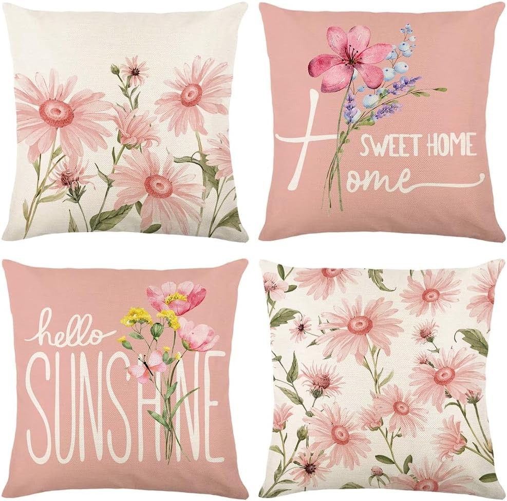 Spring Summer Pillow Covers 18X18 Inch Set of 4 18″ x 18″ (Pack of 4) Pink