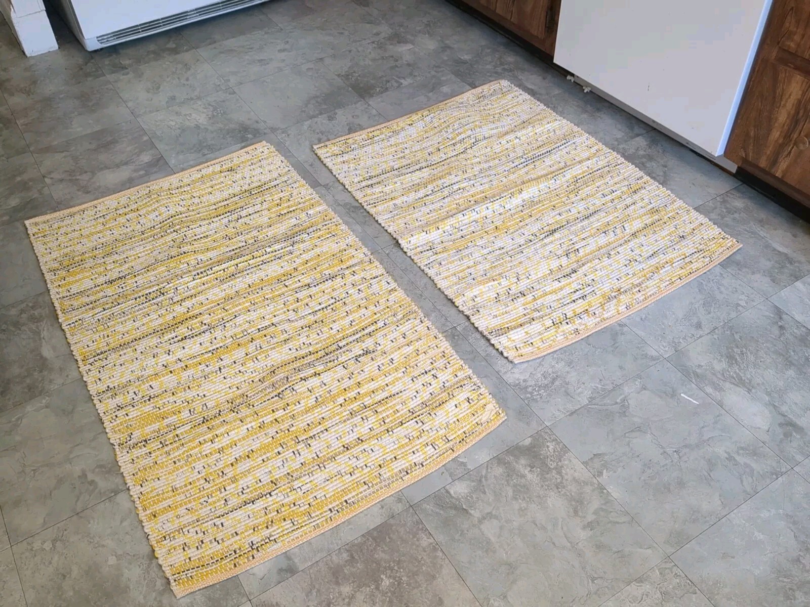 2X Hand Woven YELLOW & WHITE Traditional Rag Rug. Woven On Antique Floor Loom.