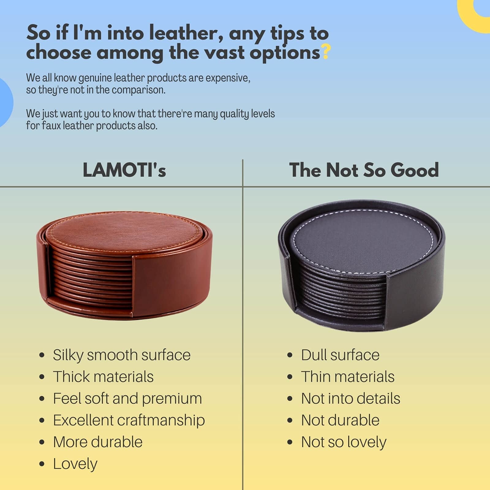 LAMOTI Leather Coasters for Drinks, 4″ Drink Coasters Set of 6 with Holder fo…