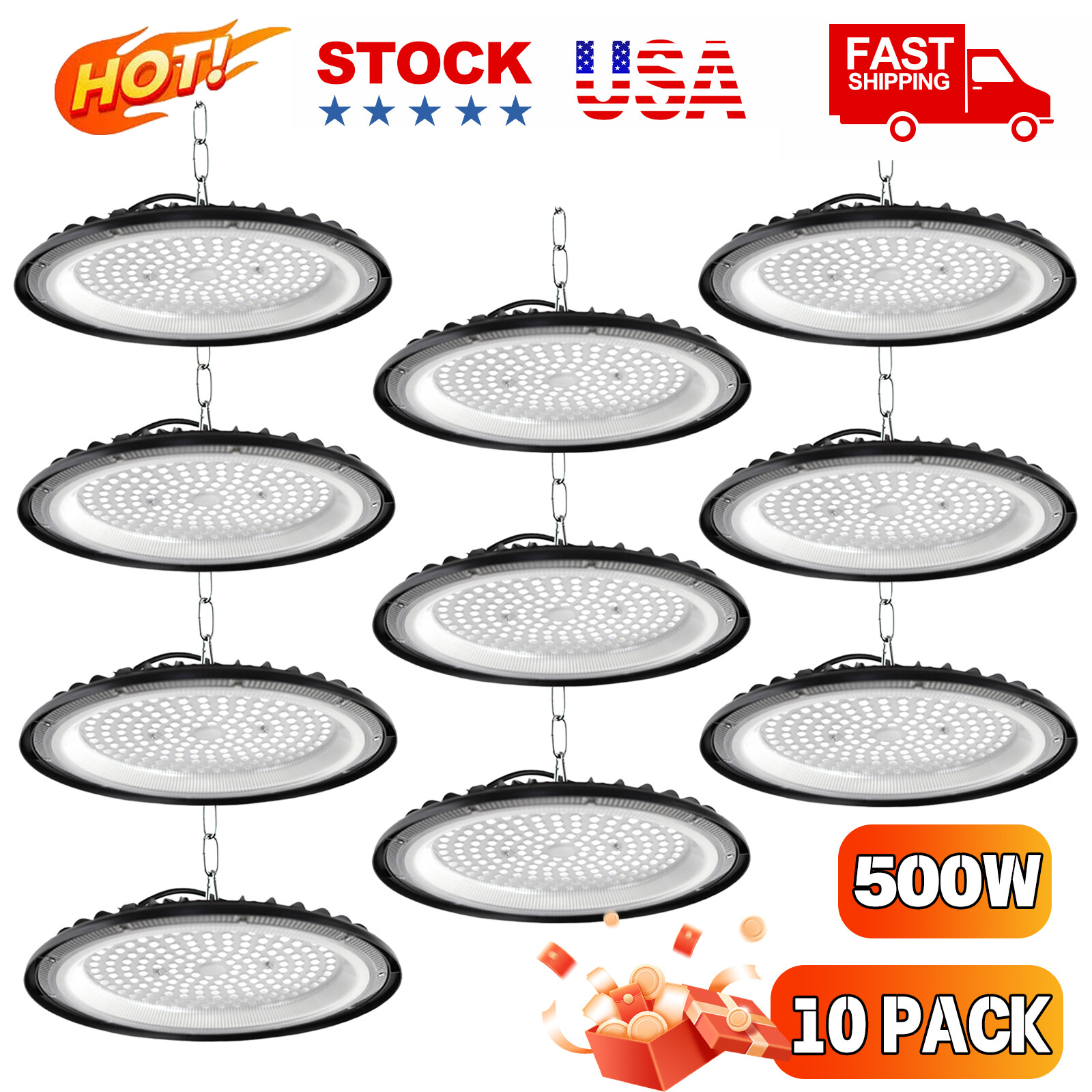 10 Pack 500W UFO LED High Bay Light Shop Industrial Commercial Factory Warehouse