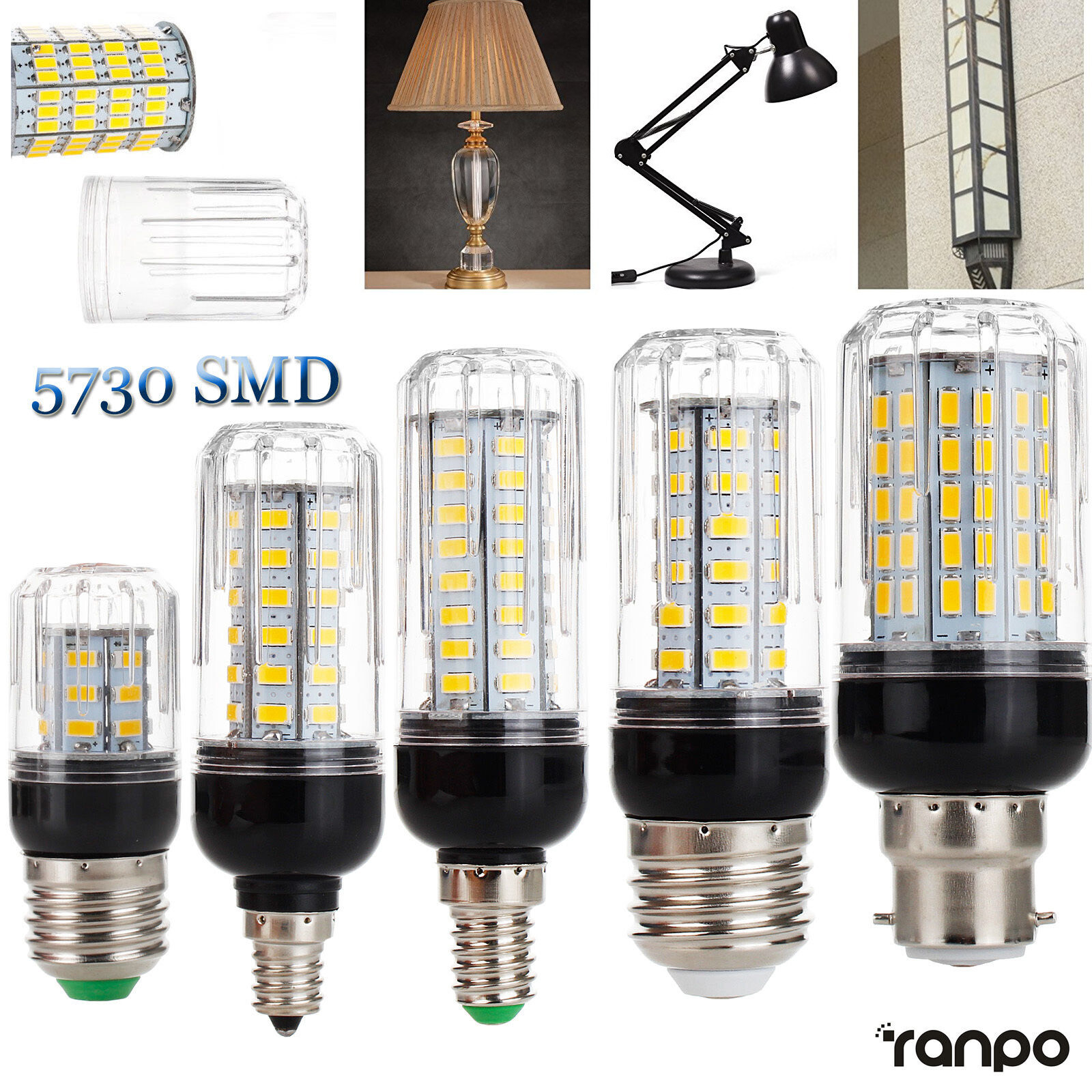 LED Corn Bulb E26 E27 E12 E14 B22 12W 18W 24W Light 5730 SMD White Lamp RK