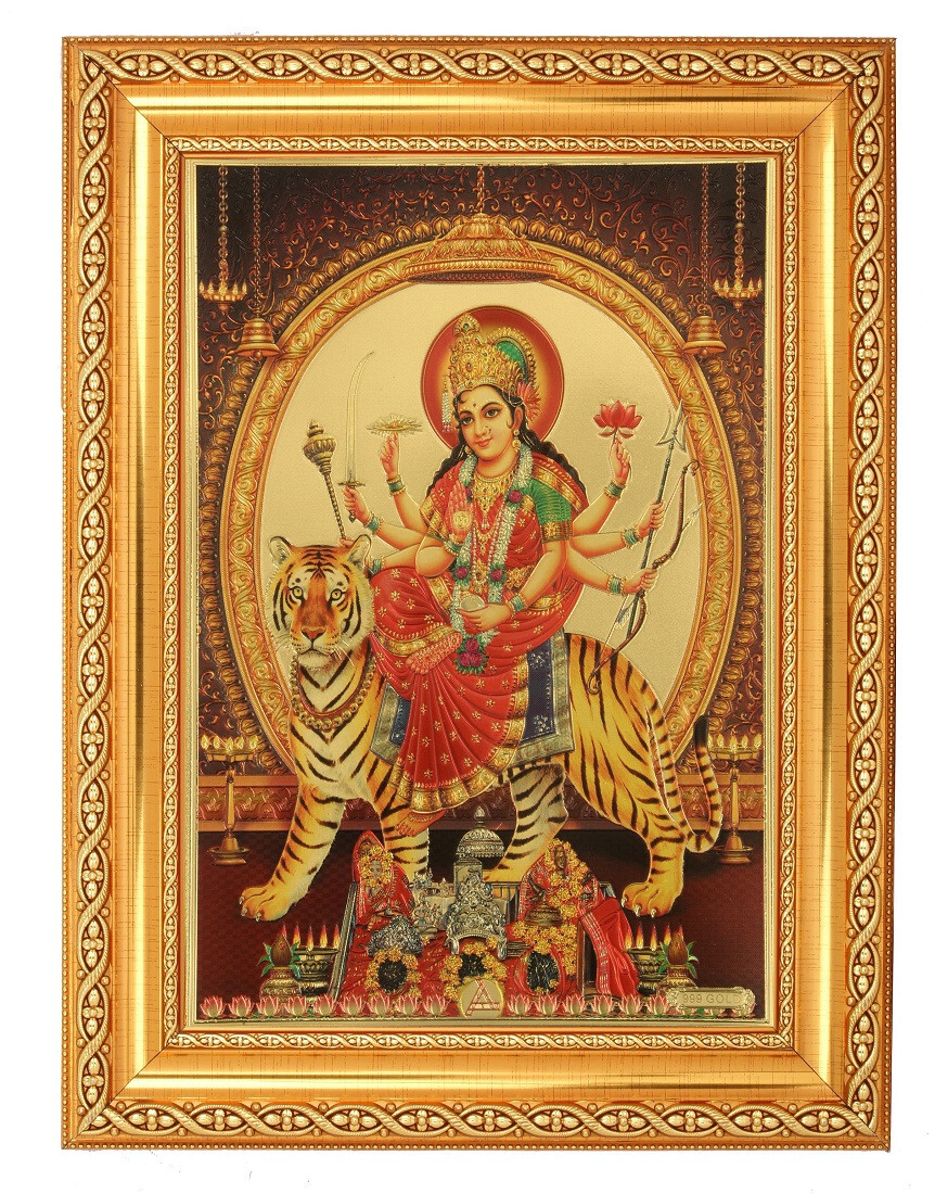 Durga Mata Beautiful Golden Foil Photo In Golden Frame (11.50 x 13.50 Inches)