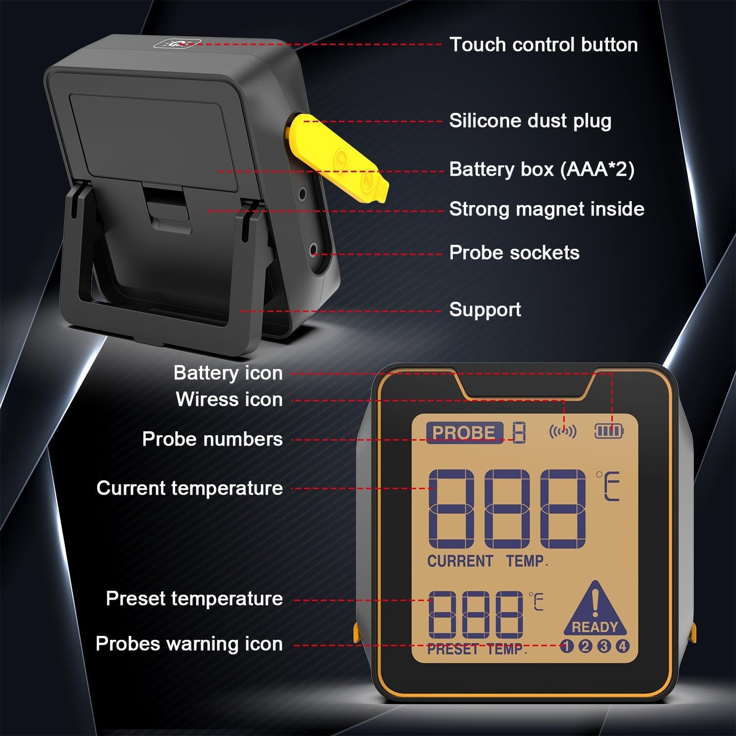 Digital Meat Thermometer with 4 Probes, 328FT Wireless BBQ Food Thermometer,