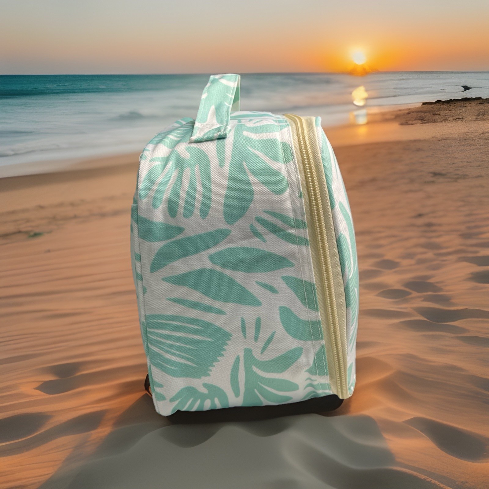 VTG Y2K Insulated Lunch Bag 9″ x 9″ x 6″ Abstract Hawaiin Palms Mint Green&White