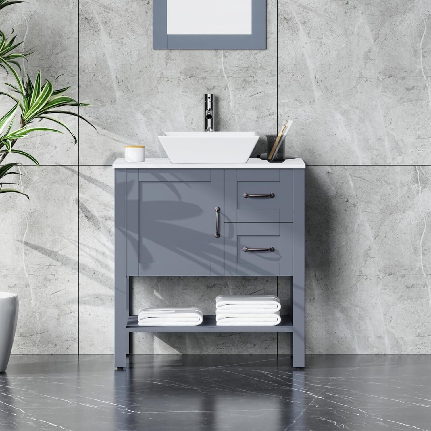 30″ Grey Bathroom Vanity and Sink Combo Marble Pattern Top w/Mirror Faucet&Drain